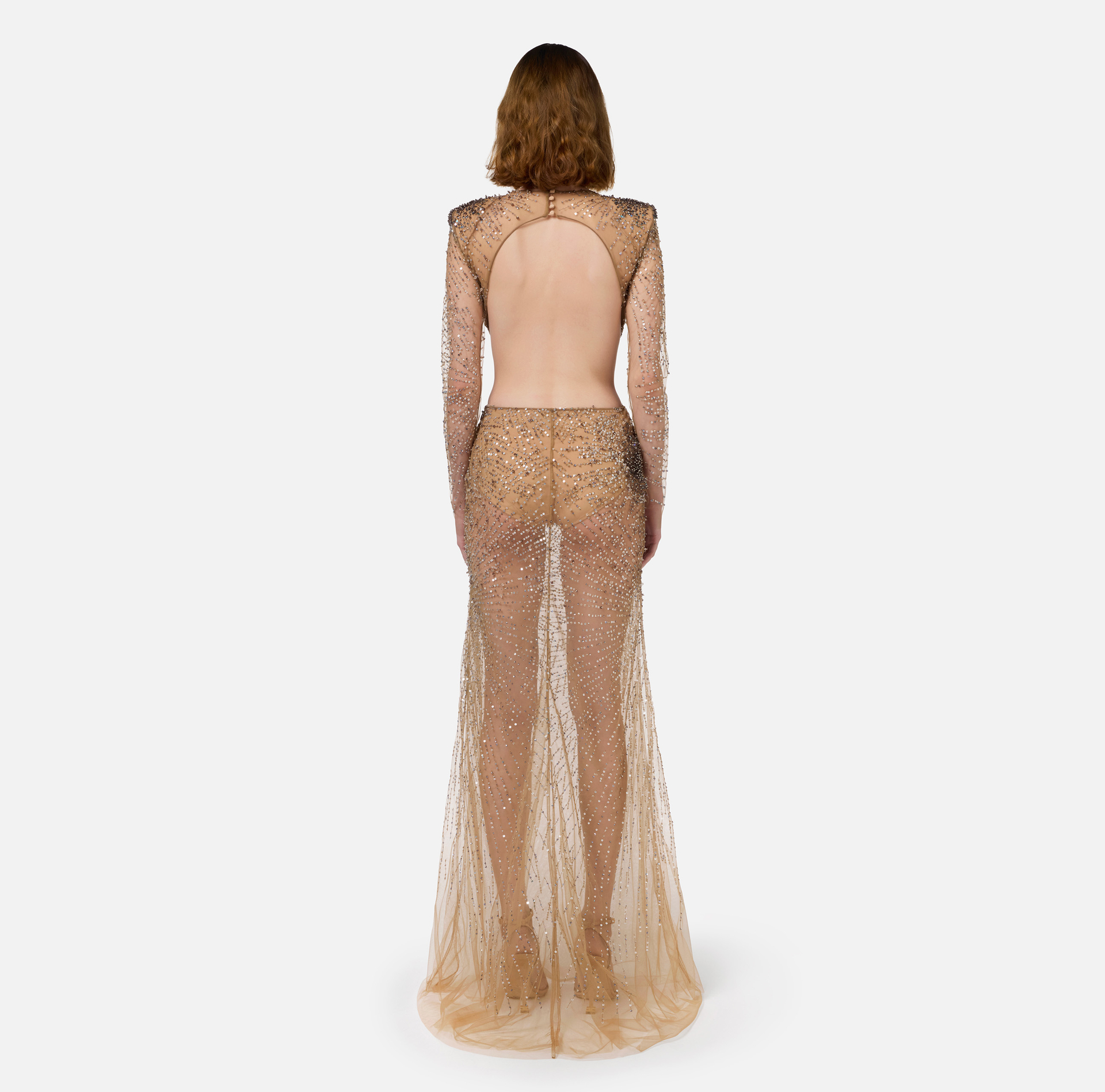 Stretch tulle red carpet dress embroidered with fireworks-effect sequins | Elisabetta Franchi® Outlet
