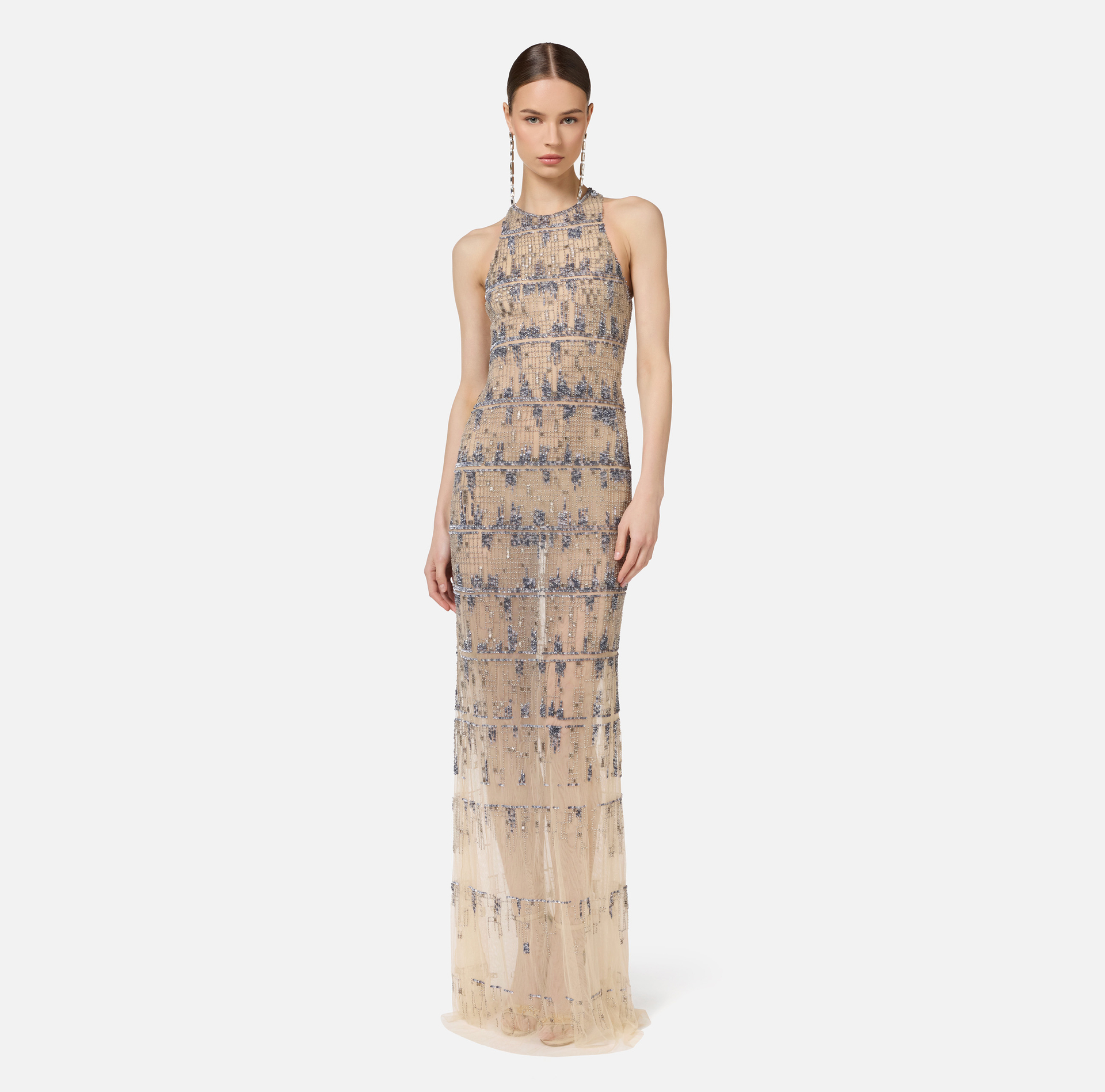 Tulle red carpet dress embroidered with pixel pattern sequins | Elisabetta Franchi® Outlet
