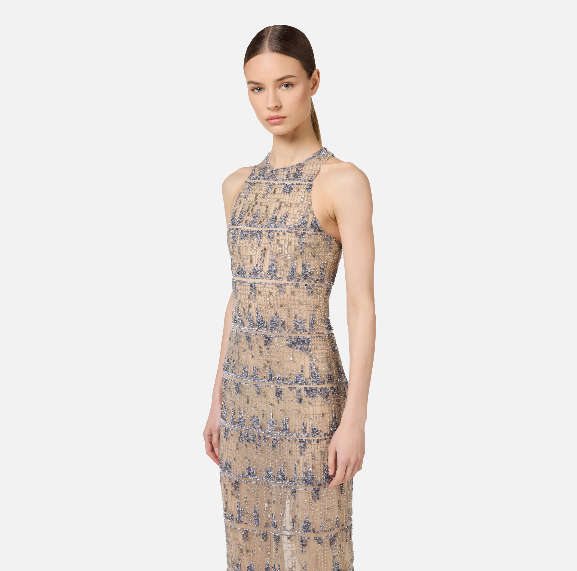 Tulle red carpet dress embroidered with pixel pattern sequins | Elisabetta Franchi® Outlet