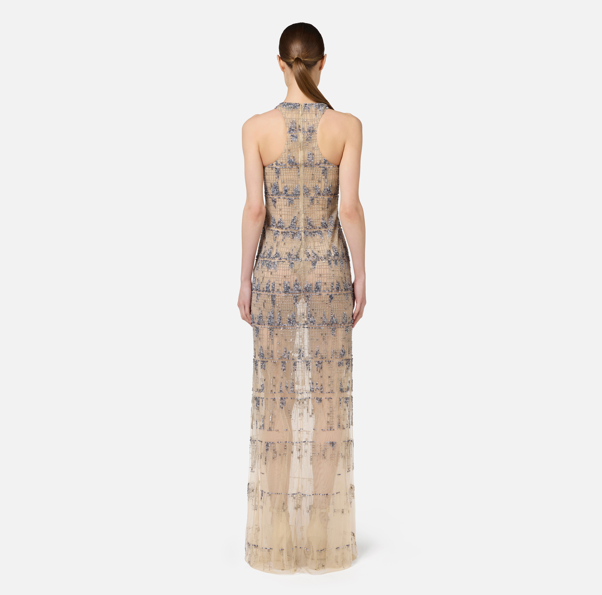 Tulle red carpet dress embroidered with pixel pattern sequins | Elisabetta Franchi® Outlet