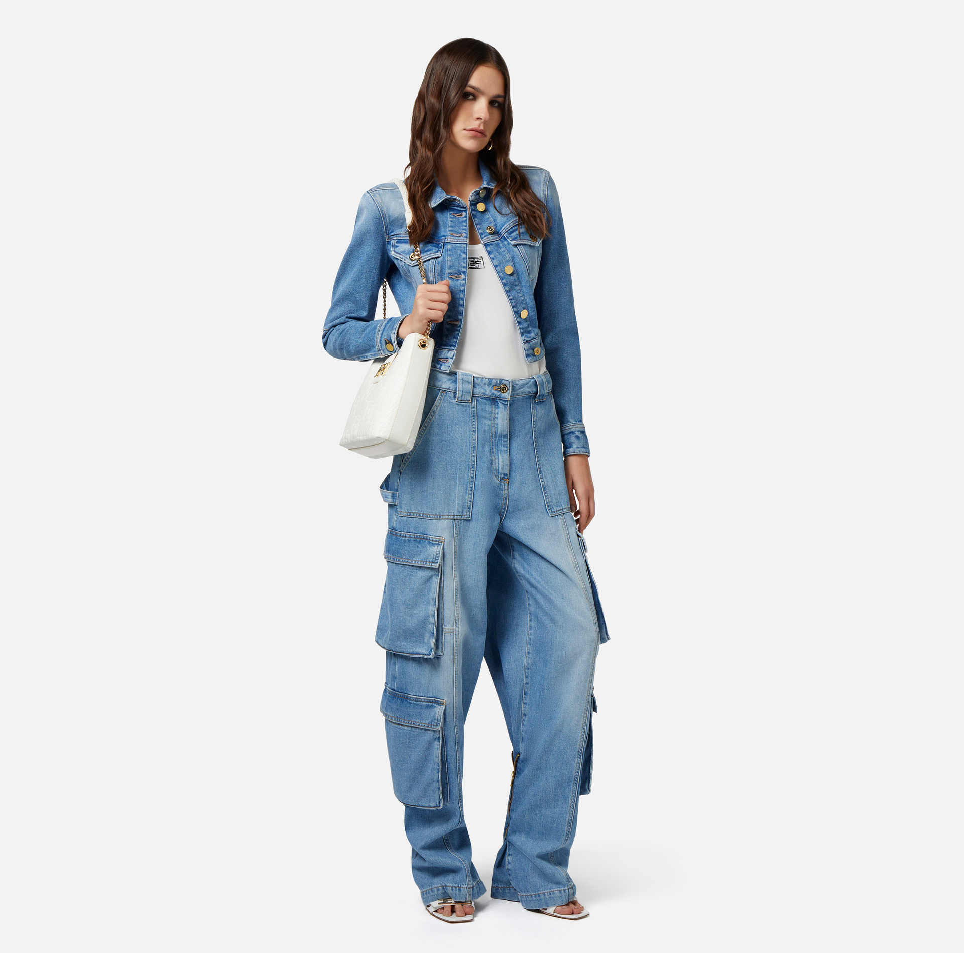 Cazadora cropped de denim - Elisabetta Franchi® Outlet
