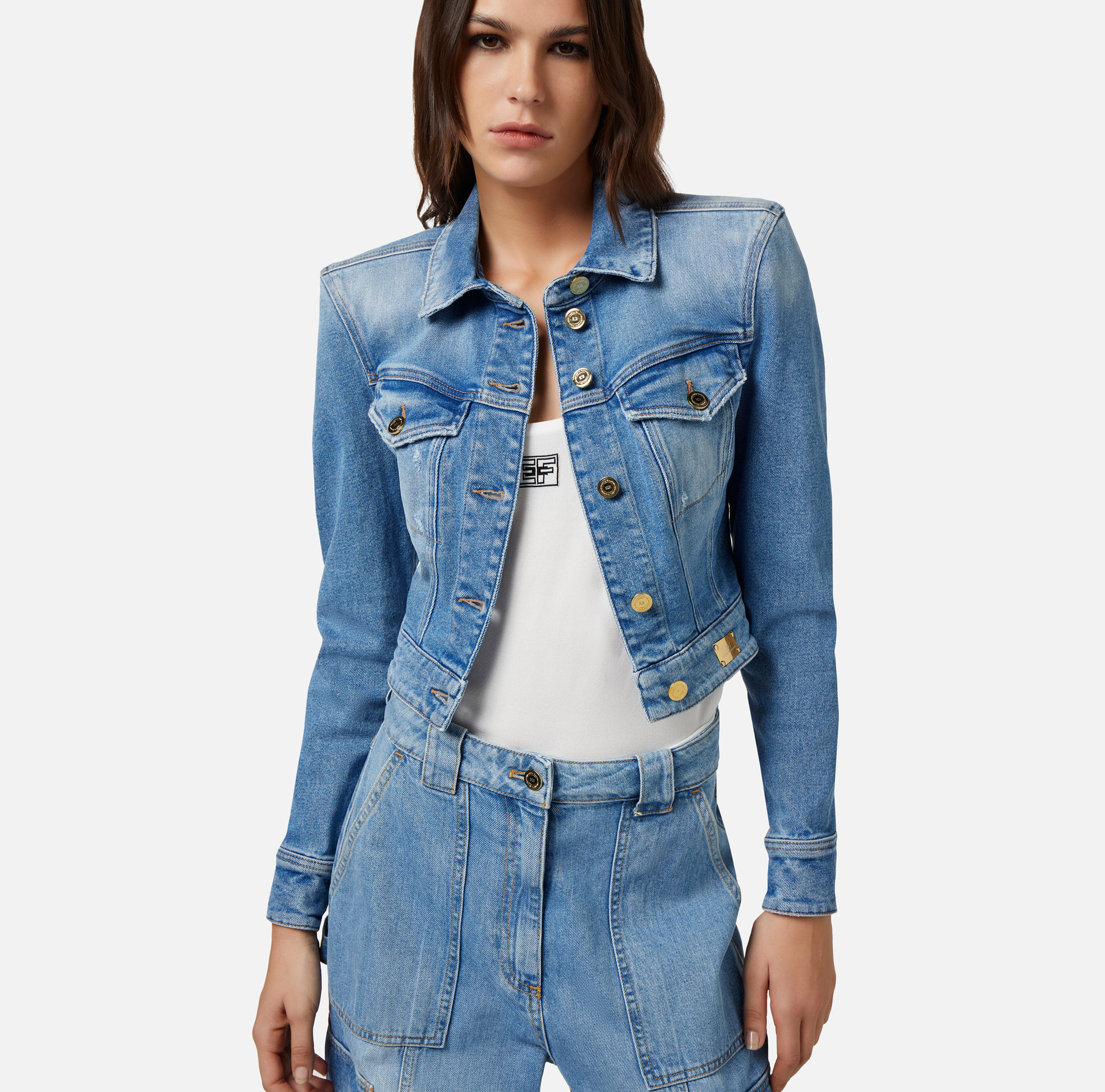 Cazadora cropped de denim - Elisabetta Franchi® Outlet