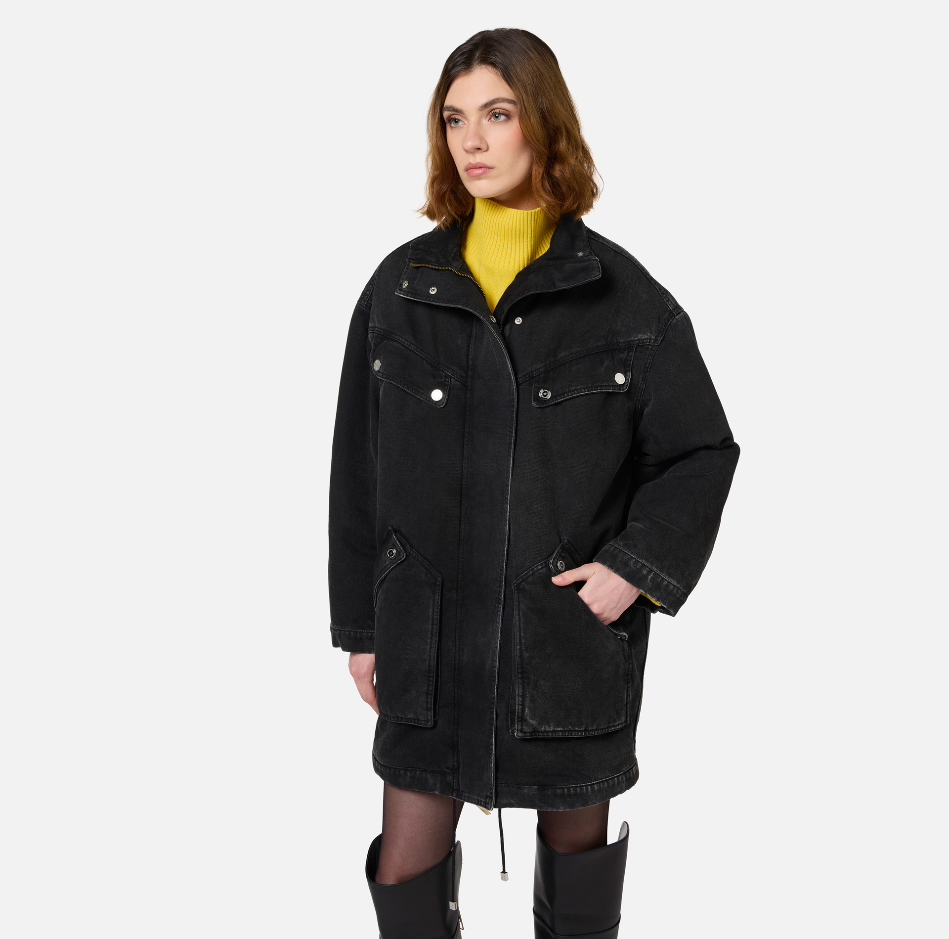 Oversized denim parka with faux sheepskin | Elisabetta Franchi® Outlet