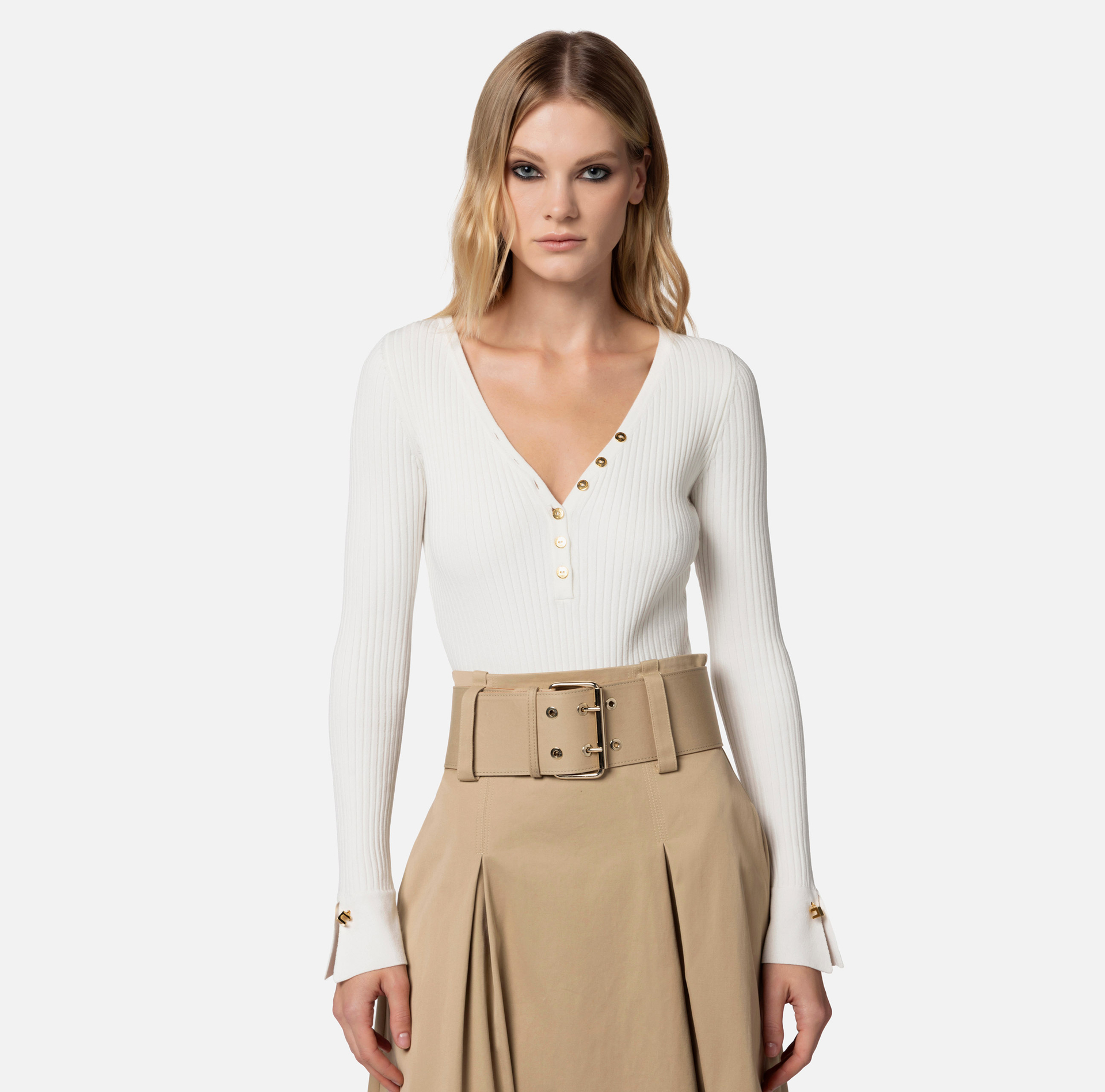 Body à manches longues en tricot côtelé - Elisabetta Franchi® Outlet