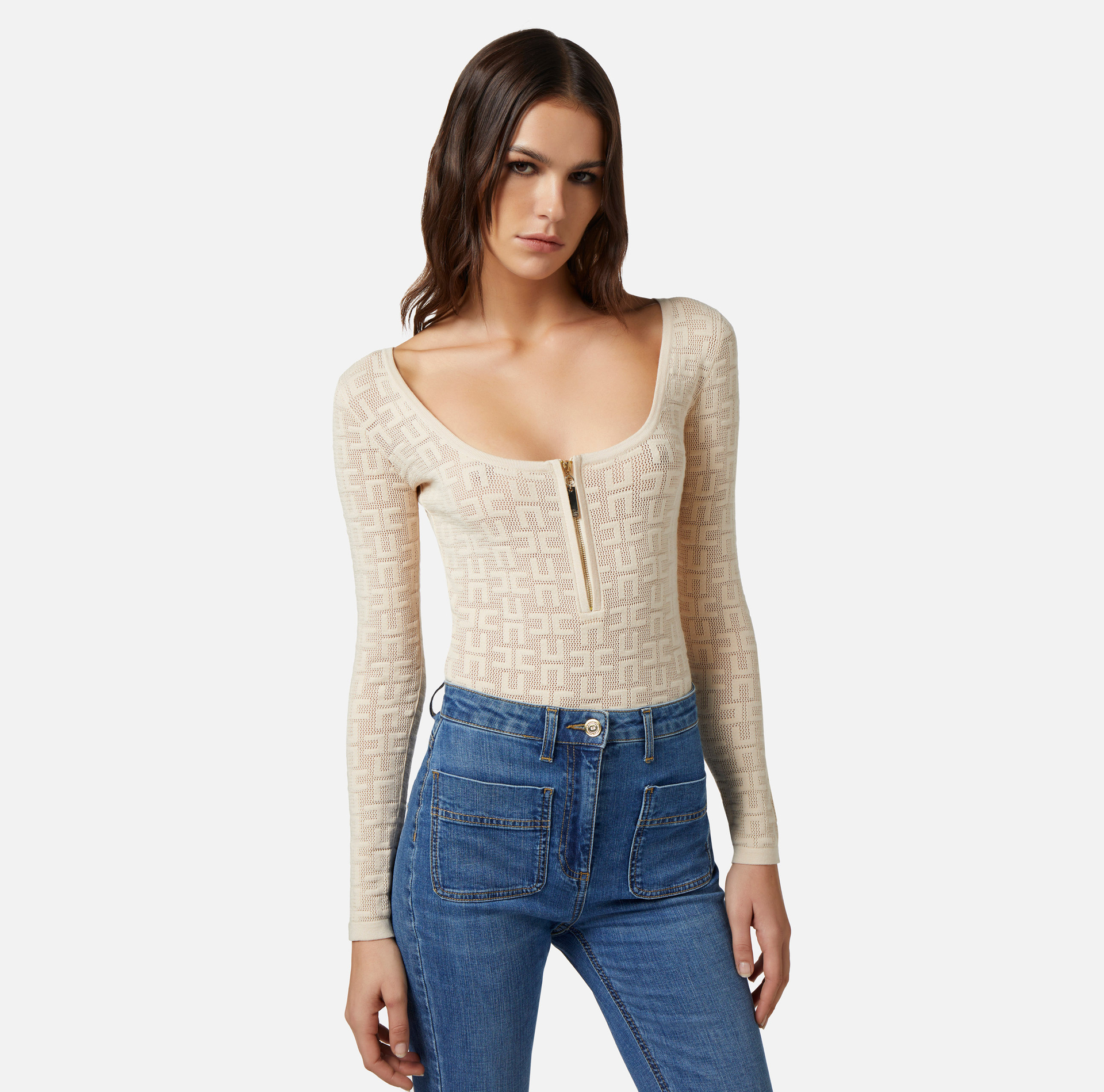 Body aus Viskose mit langen Ärmeln und mit Lochmuster | Elisabetta Franchi® Outlet