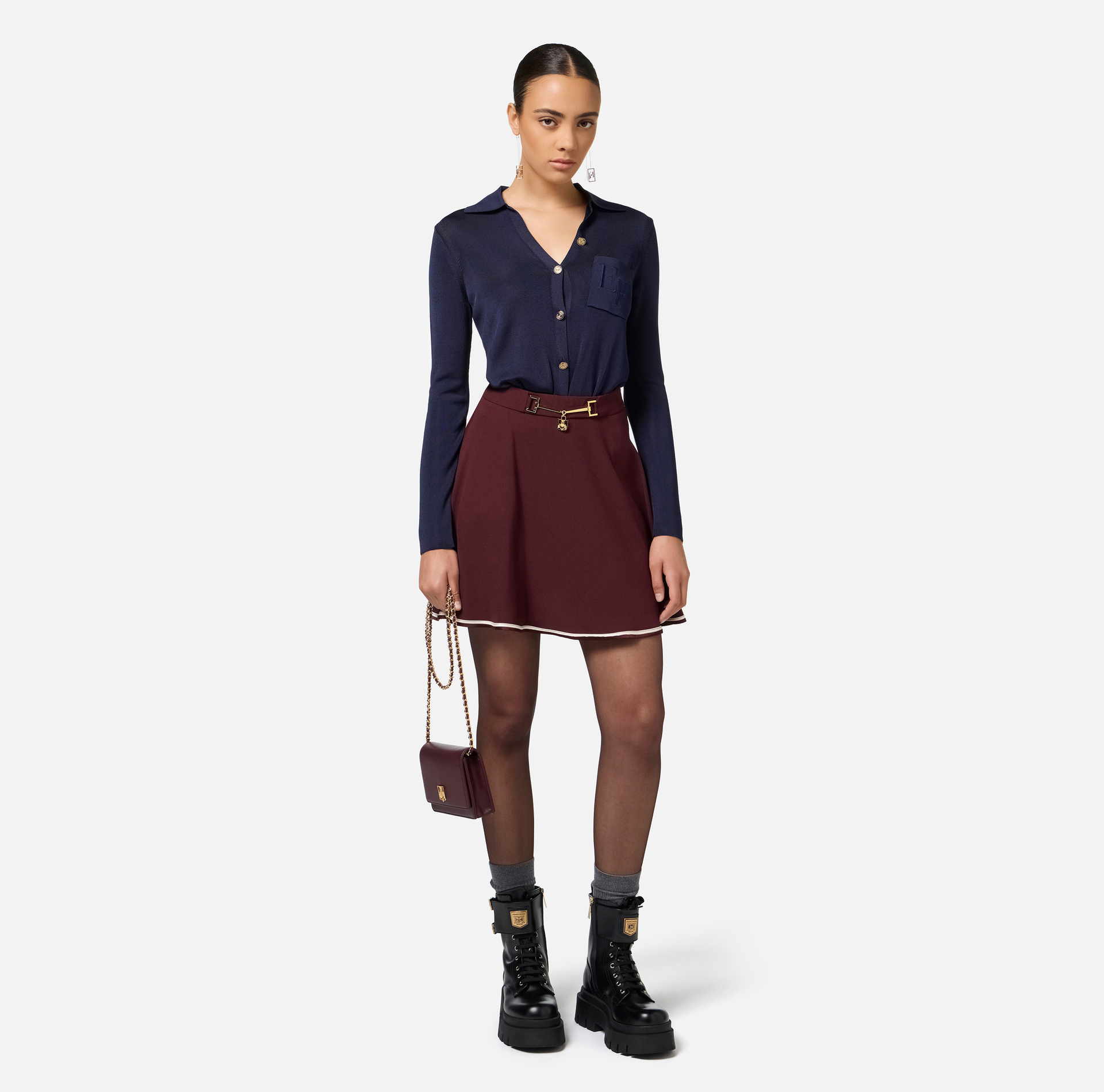 Bodysuit in shiny viscose fabric with logo embroidery | Elisabetta Franchi® Outlet