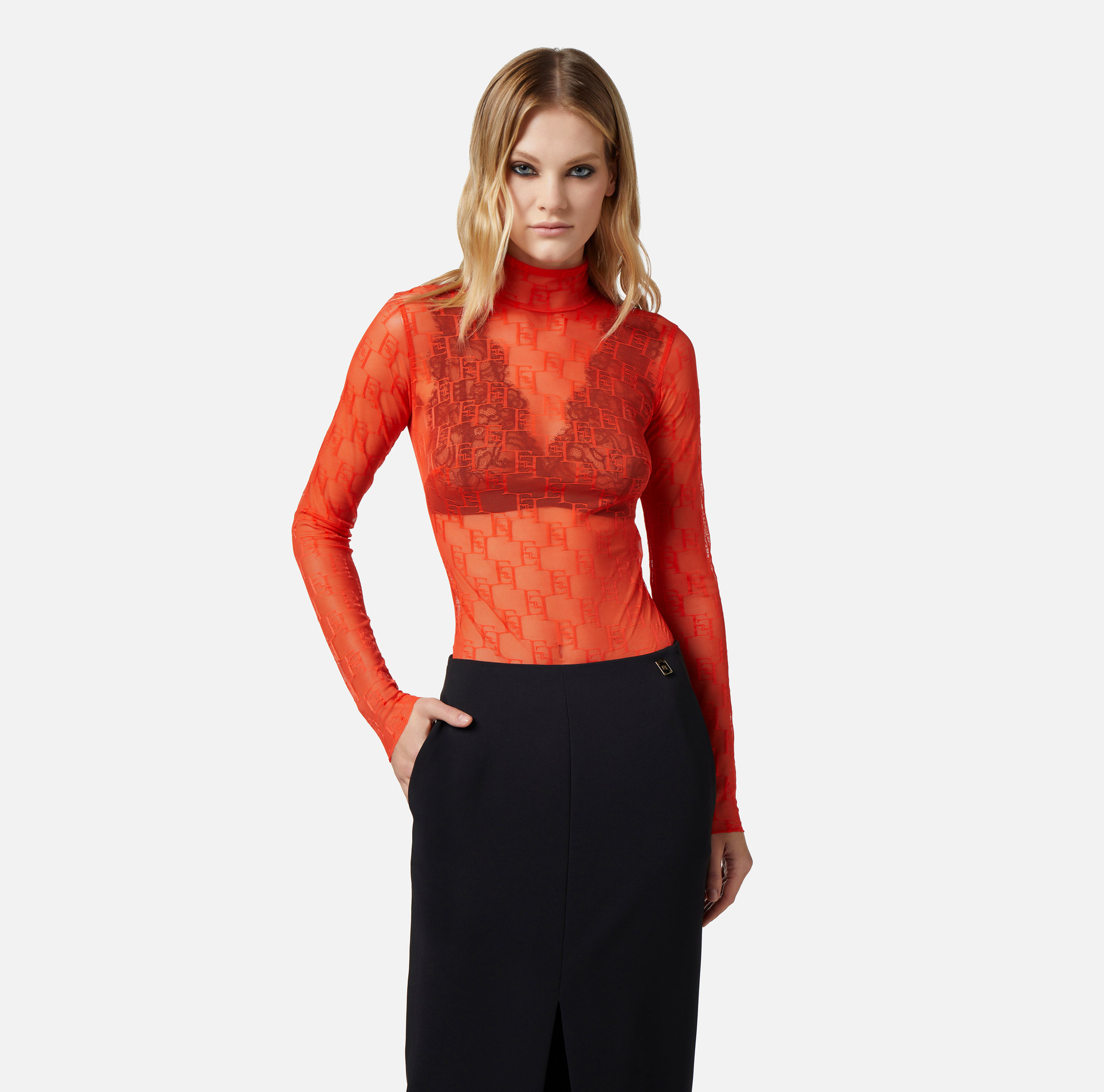 Long-sleeved bodysuit in tulle fabric with logo - Elisabetta Franchi® Outlet