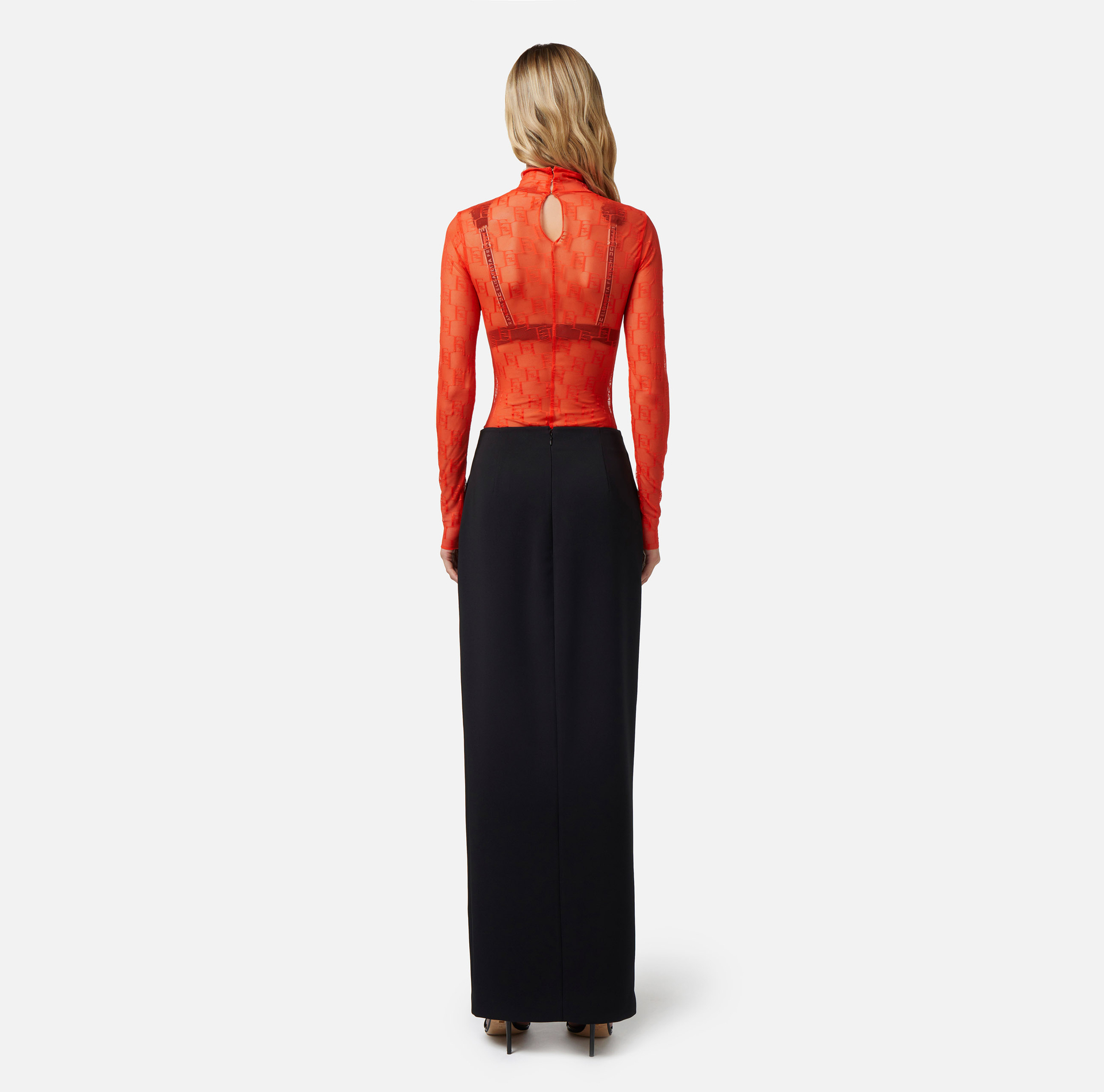 Long-sleeved bodysuit in tulle fabric with logo - Elisabetta Franchi® Outlet