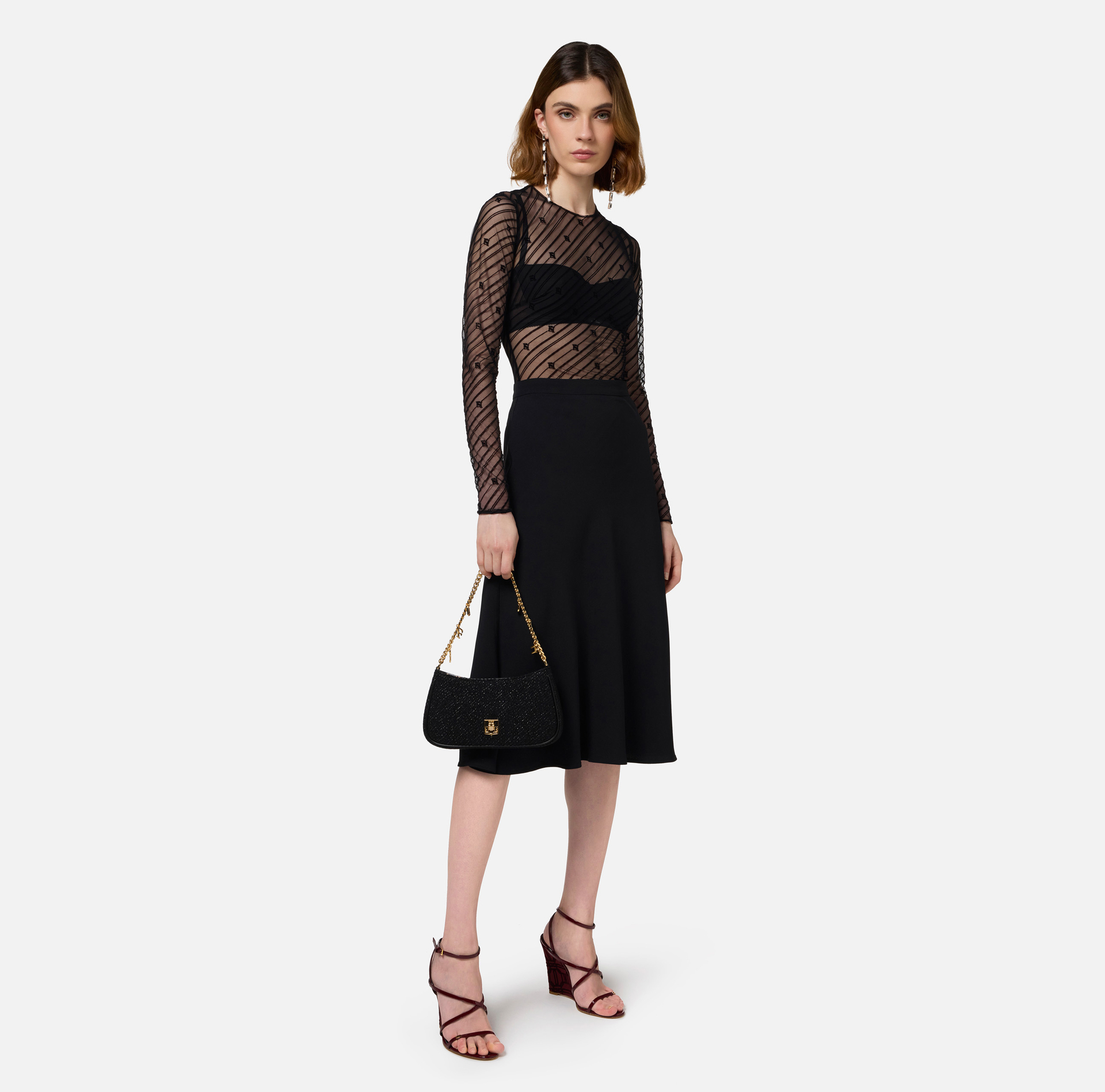 Bodysuit in flocked tulle with diagonal pattern | Elisabetta Franchi® Outlet
