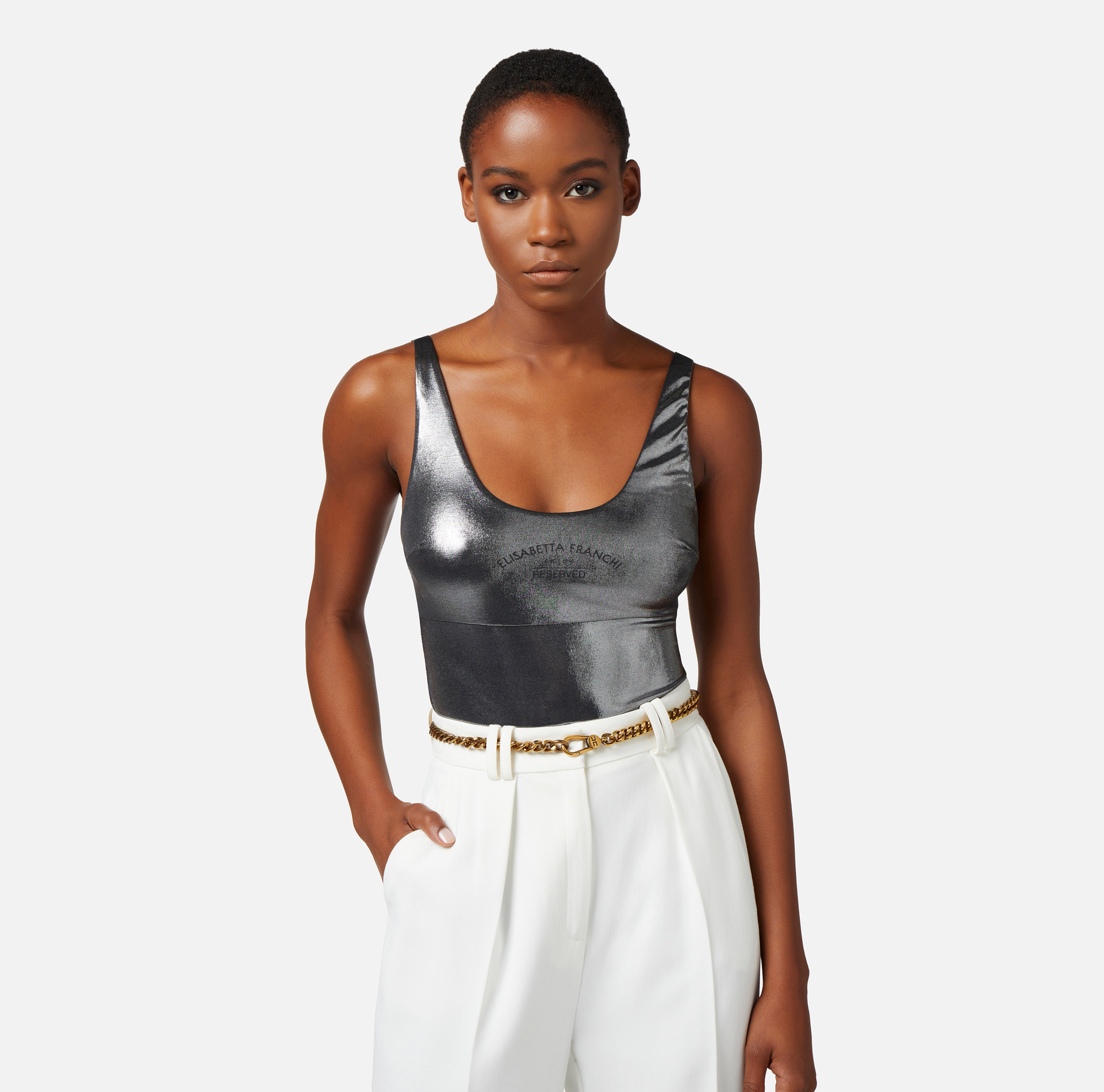 Metallic jersey bodysuit with logo print - Elisabetta Franchi® Outlet