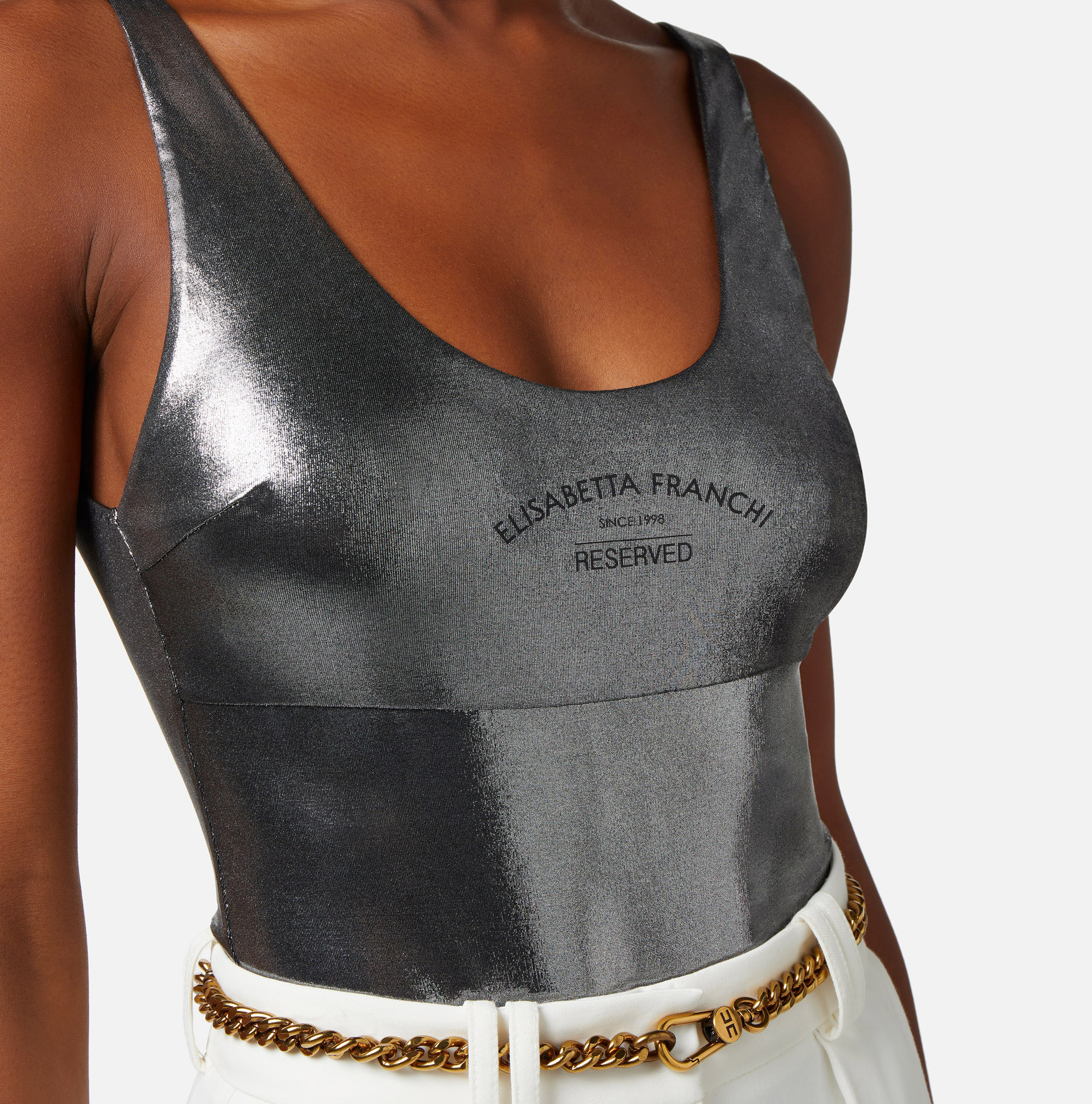 Metallic jersey bodysuit with logo print - Elisabetta Franchi® Outlet