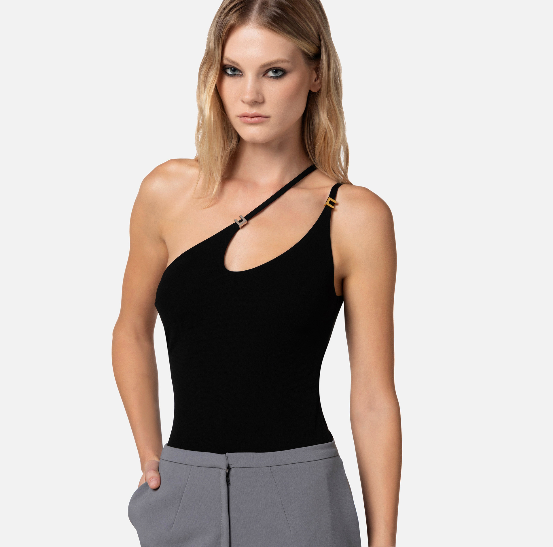 Bodysuit in jersey fabric with asymmetric neckline - Elisabetta Franchi® Outlet