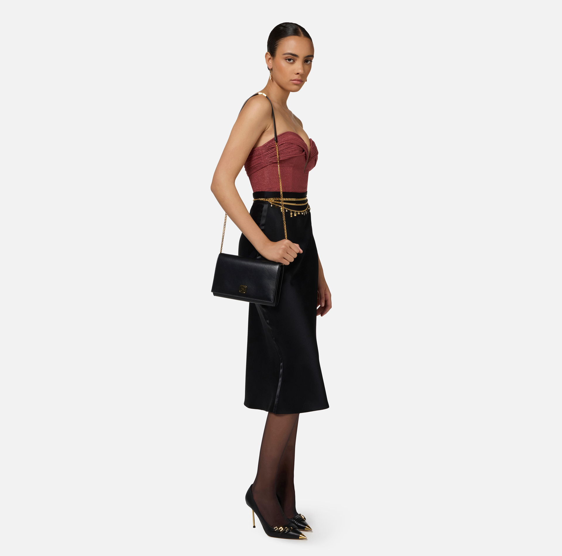Nappa leather baguette bag with logo turn-lock | Elisabetta Franchi® Outlet