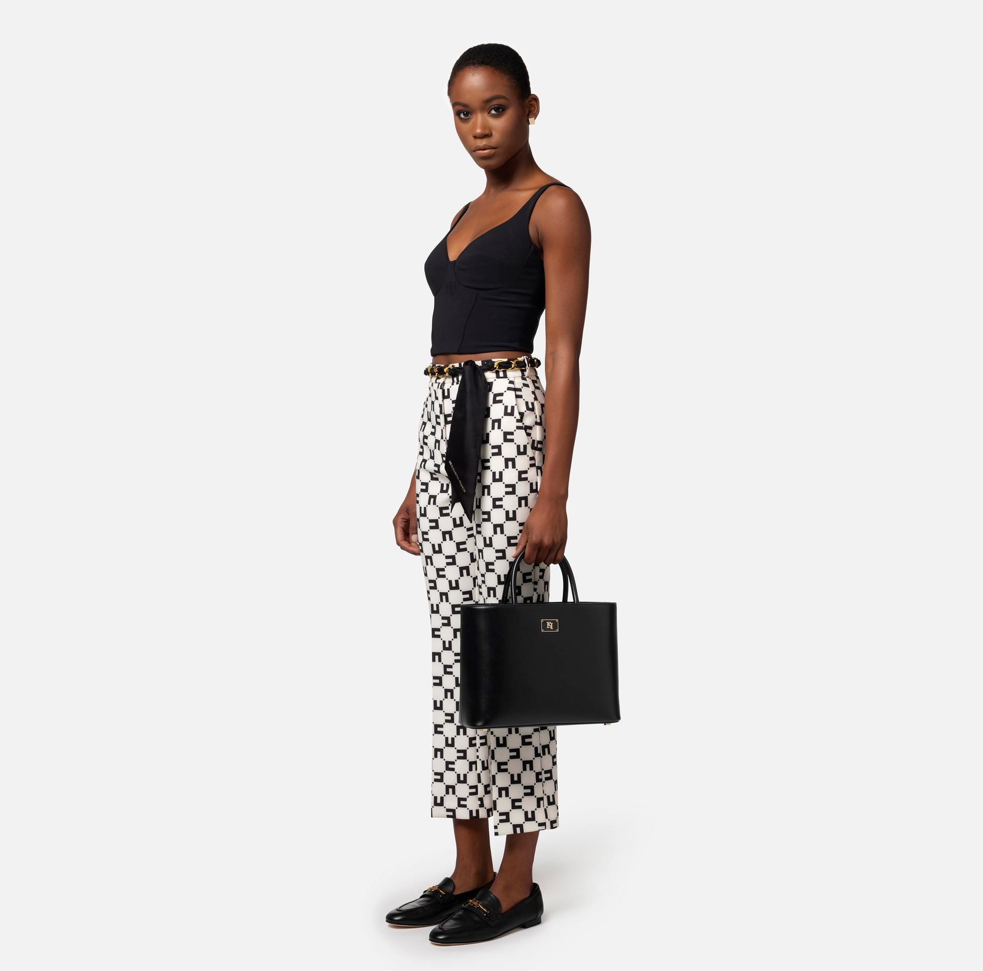 Medium shopper bag with enamelled plaque - Elisabetta Franchi® Outlet