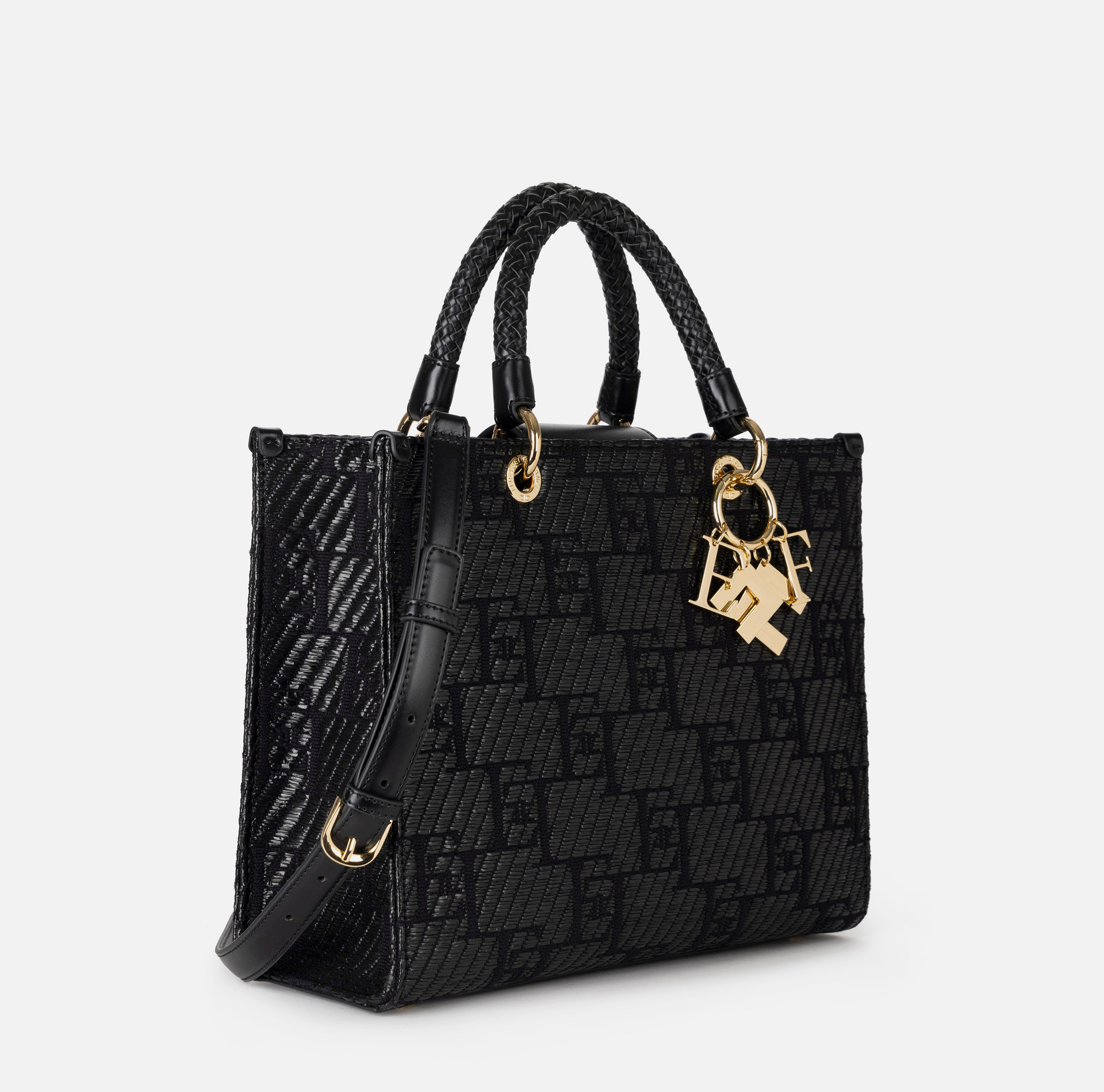 Medium shopper bag in jacquard raffia with charms - Elisabetta Franchi® Outlet