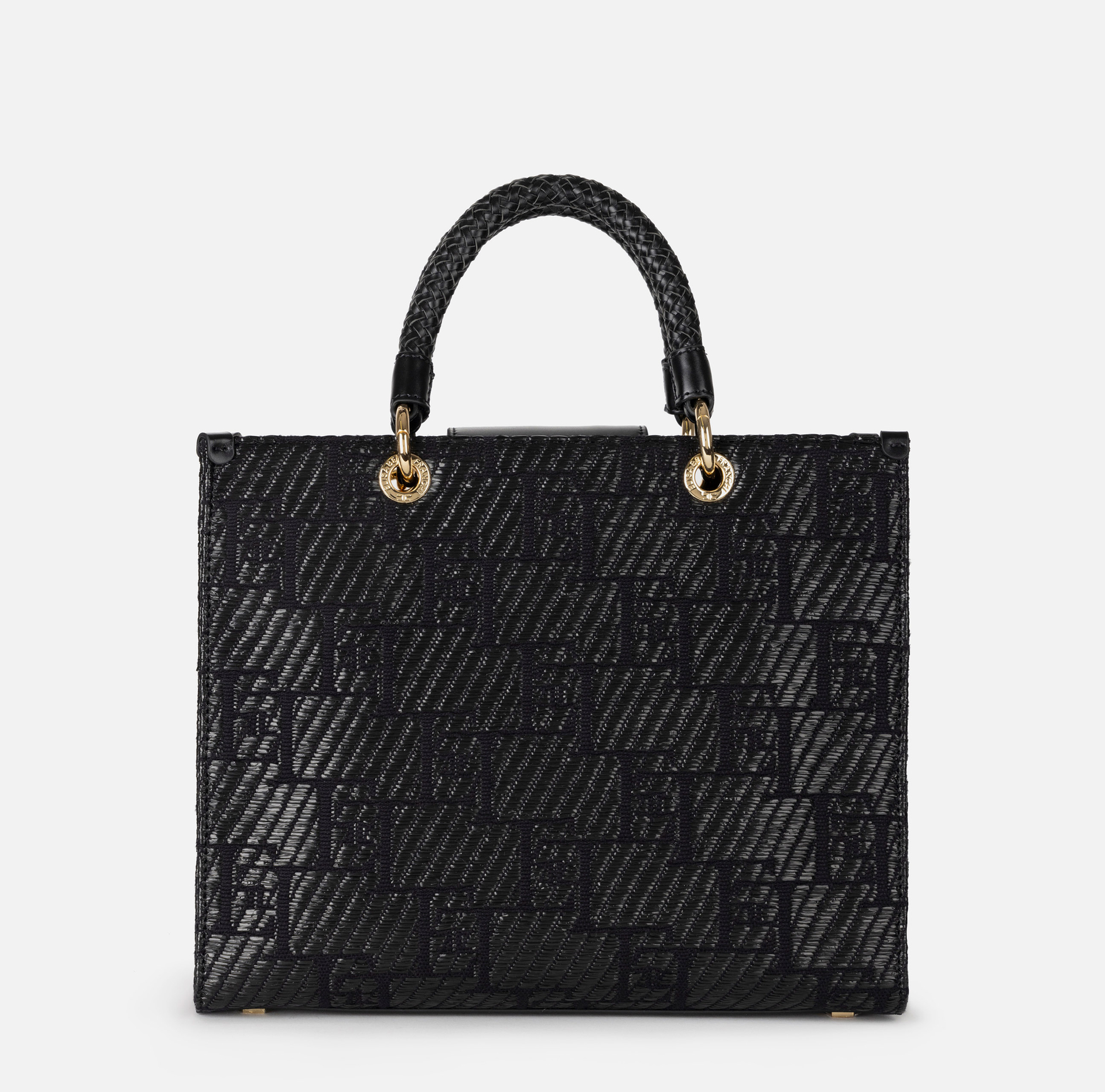 Medium shopper bag in jacquard raffia with charms - Elisabetta Franchi® Outlet