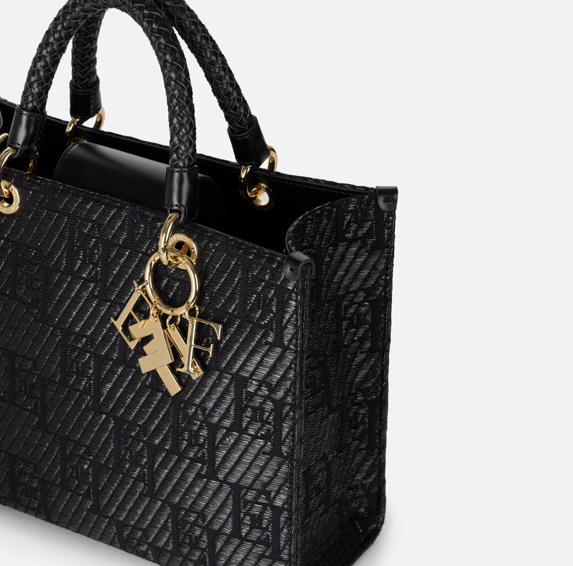 Medium shopper bag in jacquard raffia with charms - Elisabetta Franchi® Outlet