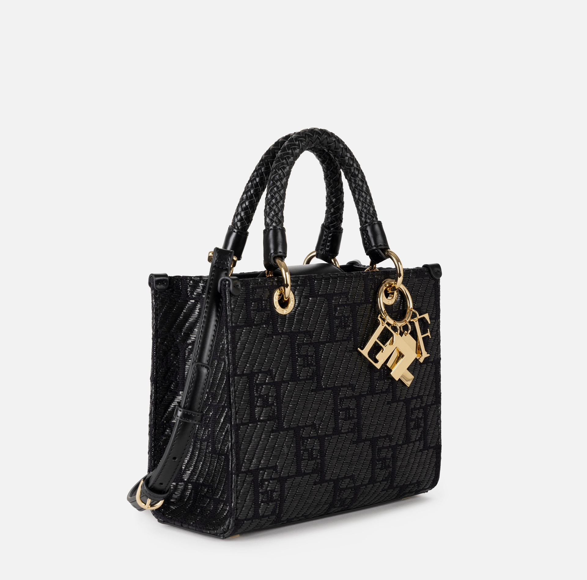 Small shopper bag in jacquard raffia with charms - Elisabetta Franchi® Outlet