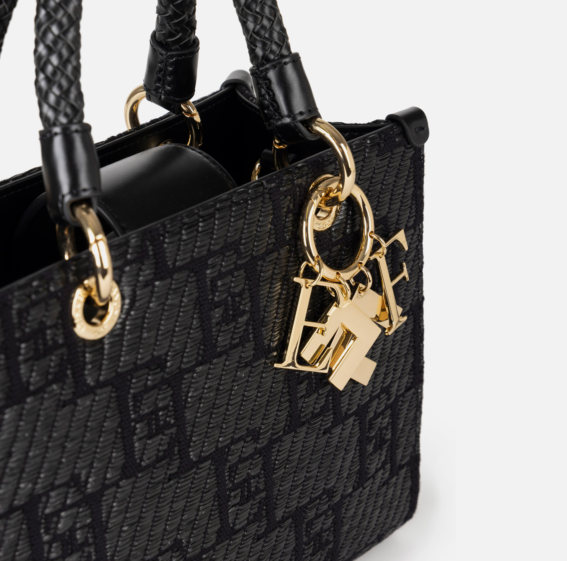 Small shopper bag in jacquard raffia with charms - Elisabetta Franchi® Outlet