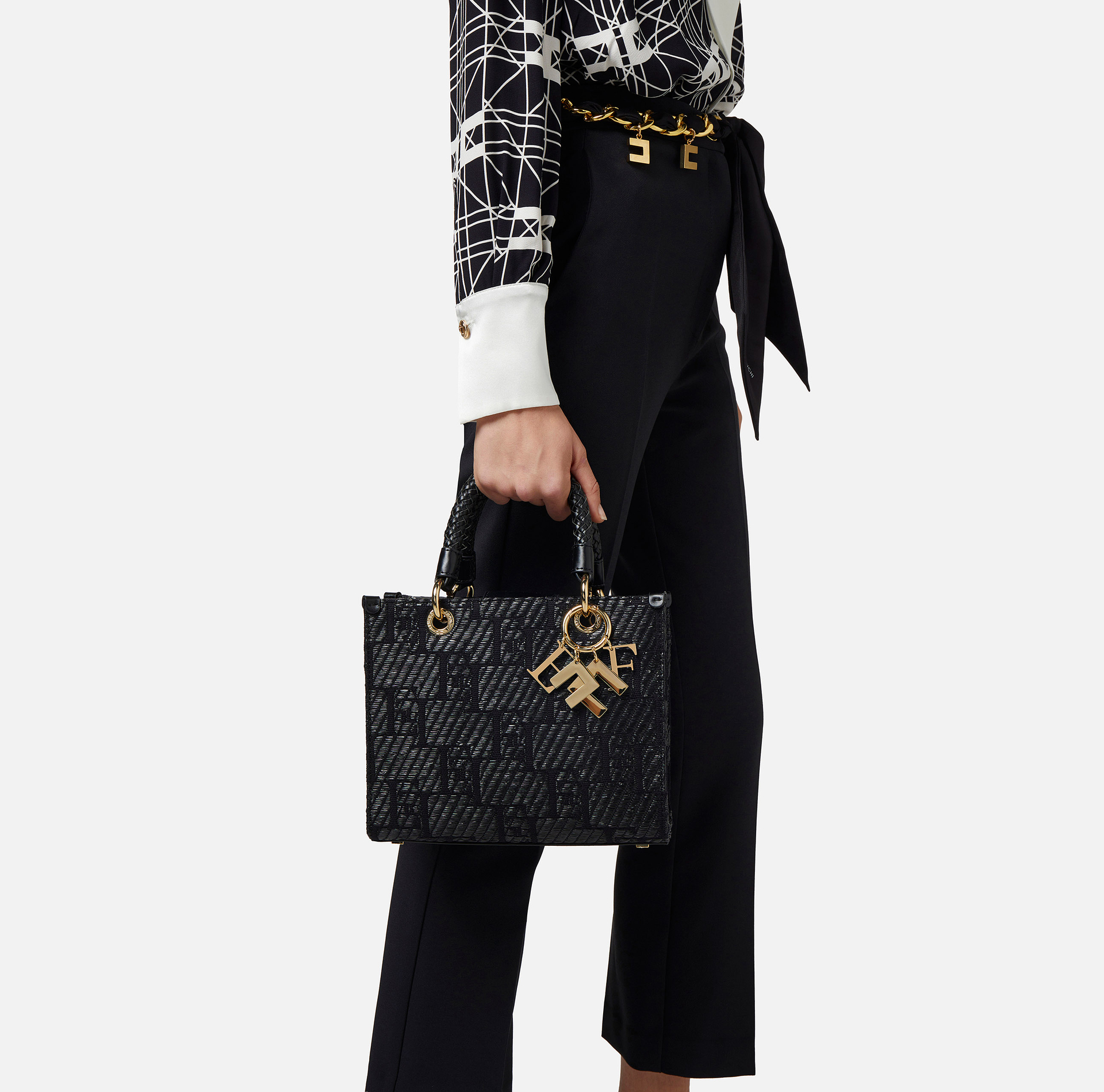 Small shopper bag in jacquard raffia with charms - Elisabetta Franchi® Outlet