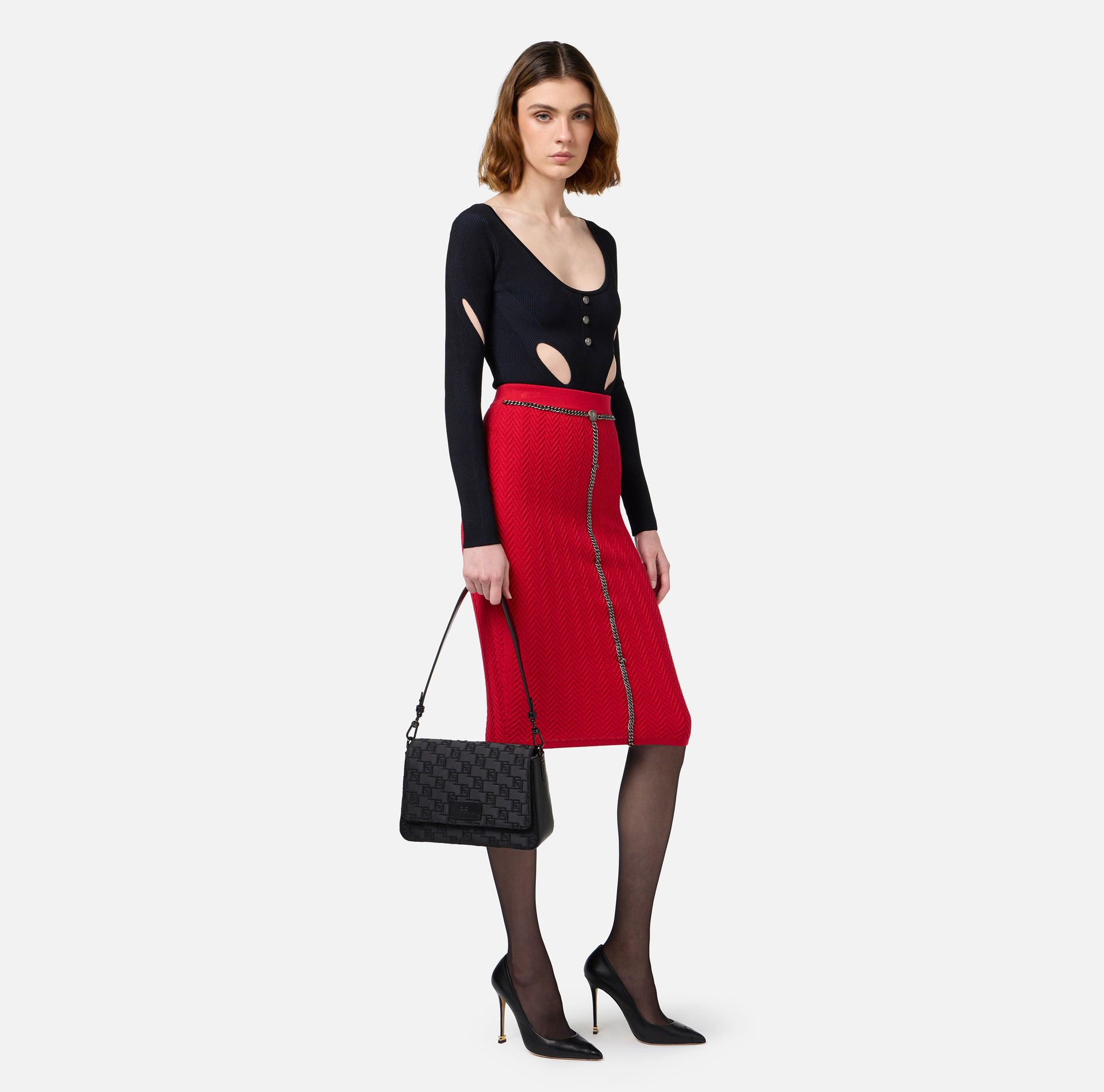 Mittelgroße Schultertasche aus besticktem Satin | Elisabetta Franchi® Outlet