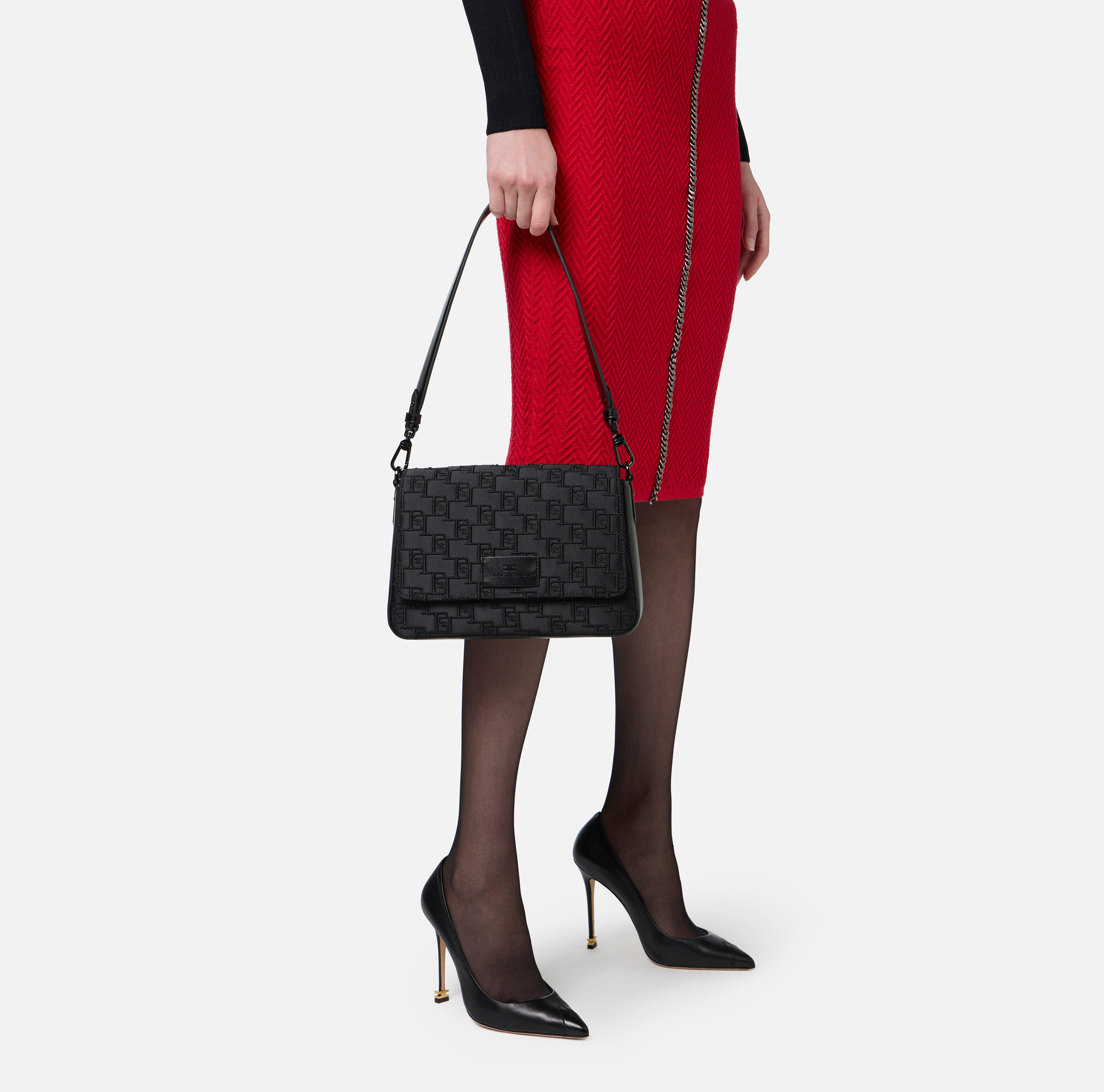 Medium shoulder bag in embroidered satin | Elisabetta Franchi® Outlet