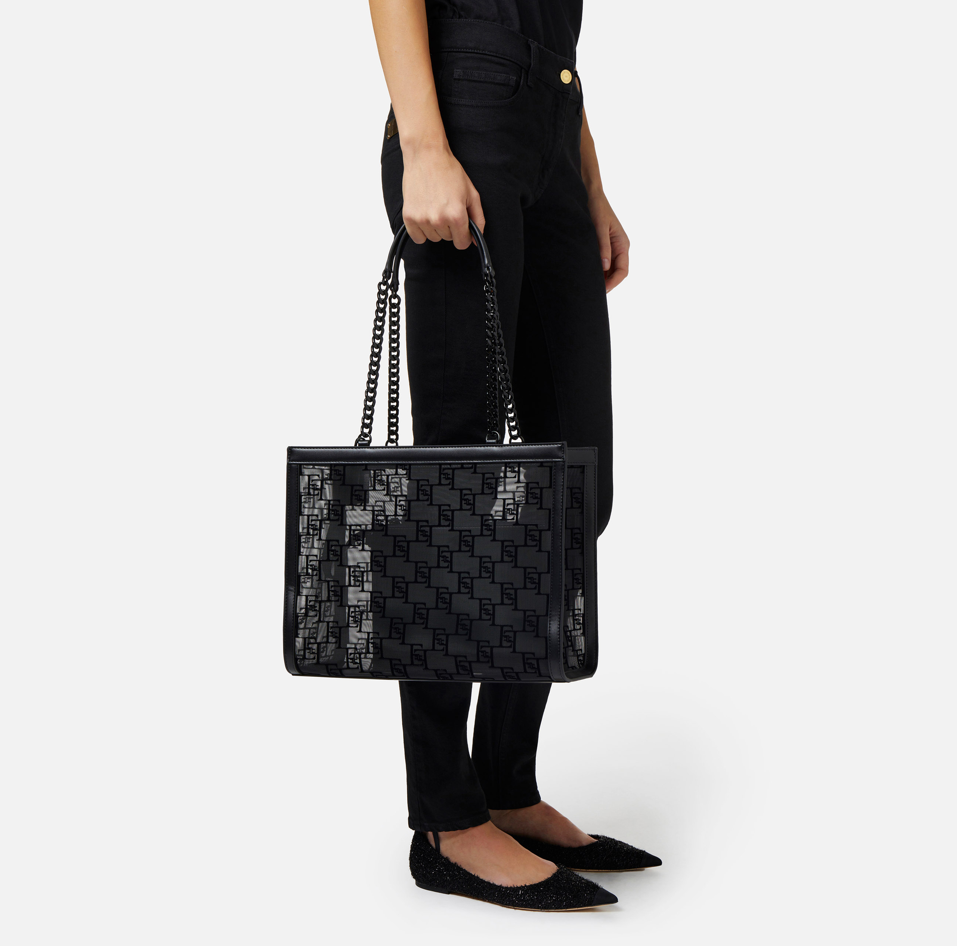 Large shopper bag in flocked mesh - Elisabetta Franchi® Outlet