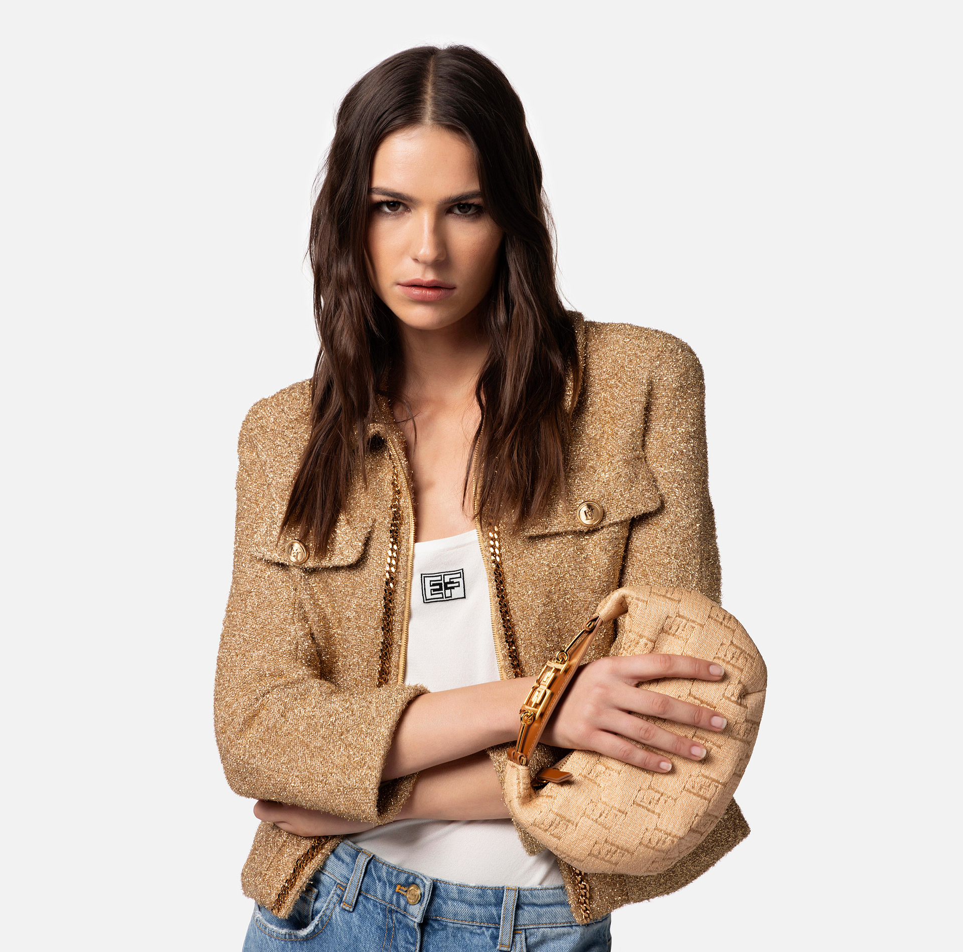 Small hobo bag in jacquard raffia with metal horsebit - Elisabetta Franchi® Outlet