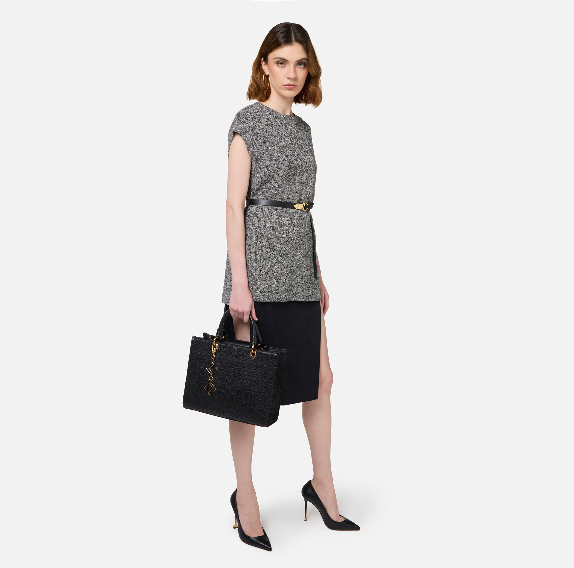 Shopper bag in jacquard fabric with charms | Elisabetta Franchi® Outlet