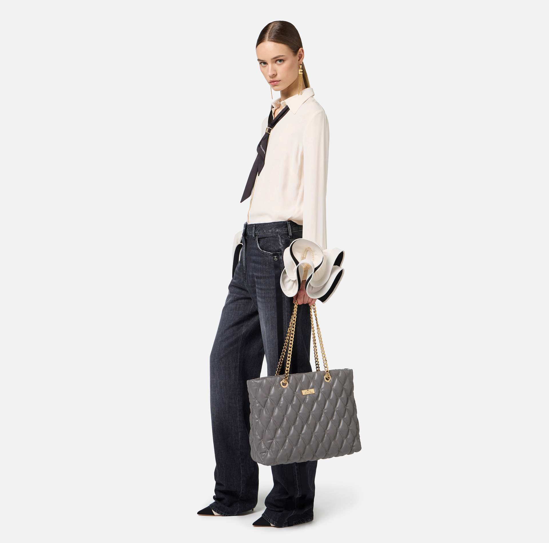 Shopper aus geprägtem Gewebe mit Kettenhenkeln | Elisabetta Franchi® Outlet