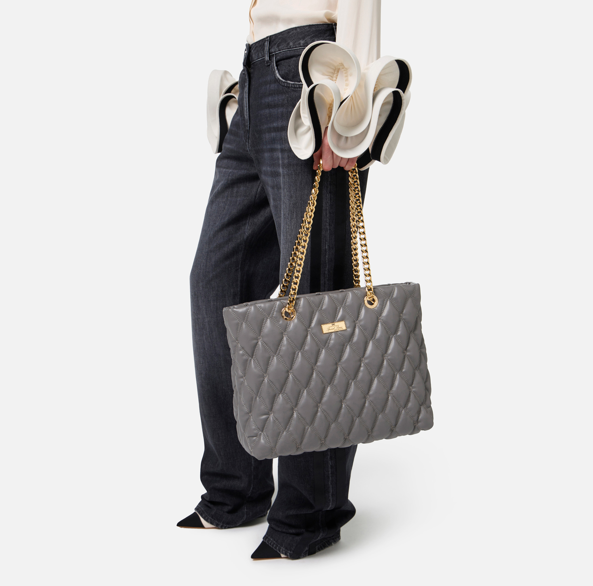 Shopper bag in embossed fabric with chain handles | Elisabetta Franchi® Outlet
