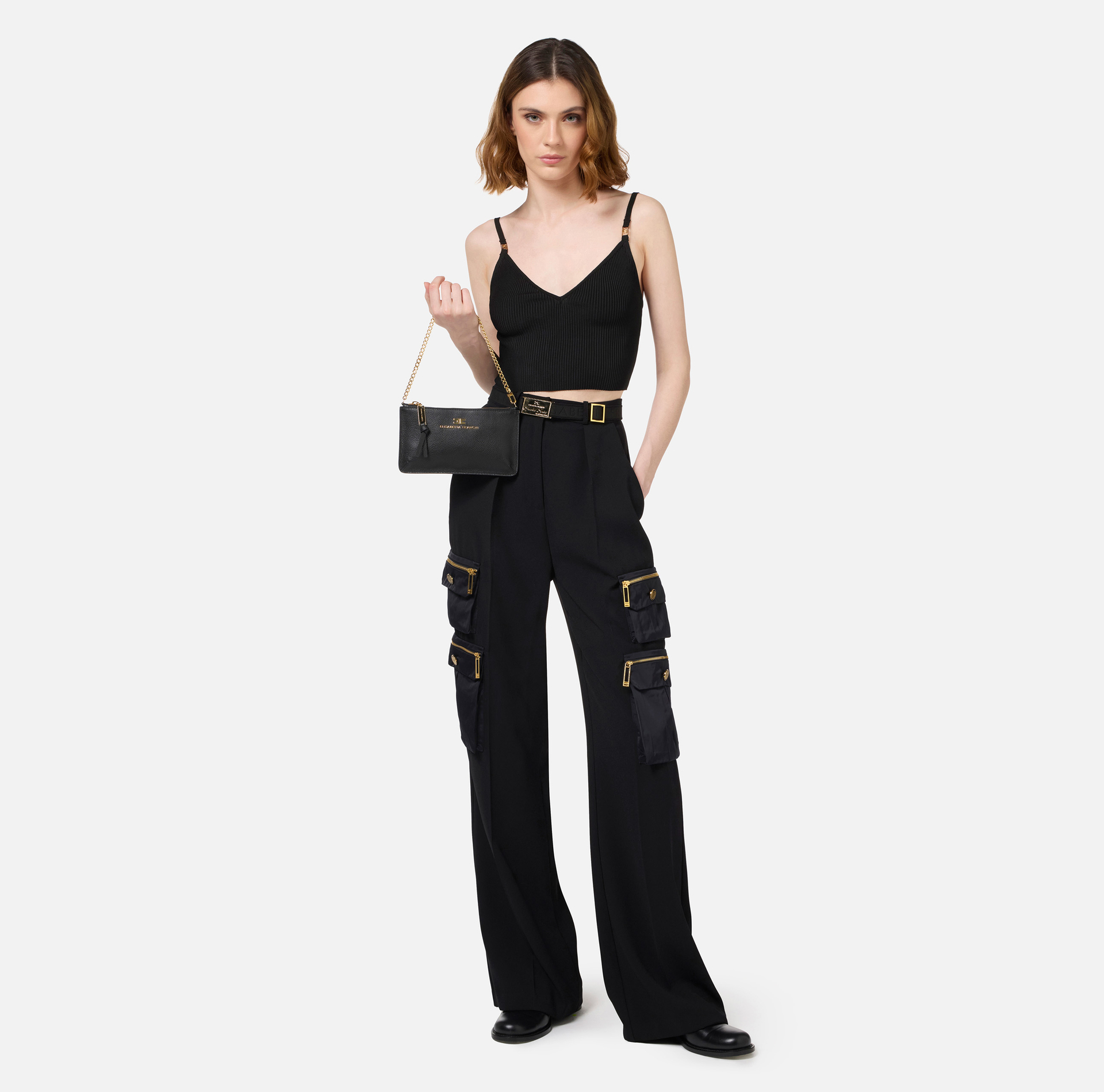 Leather baguette mini shoulder bag with lettering | Elisabetta Franchi® Outlet