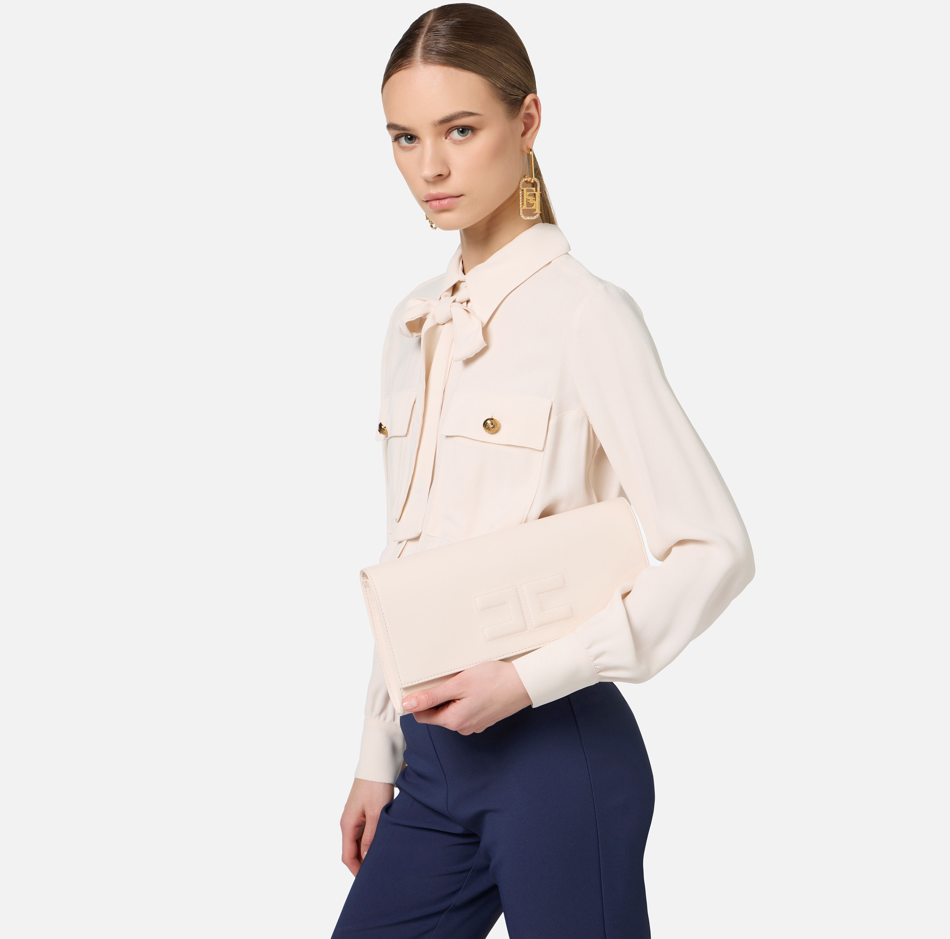 Nappa leather baguette clutch bag with embossed logo | Elisabetta Franchi® Outlet