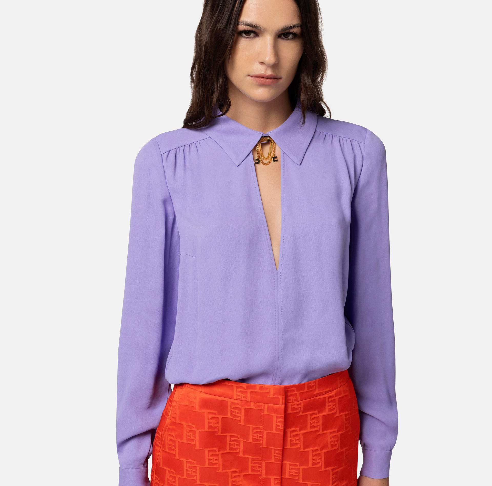 Blouse in viscose georgette fabric with accessory at the neck - Elisabetta Franchi® Outlet