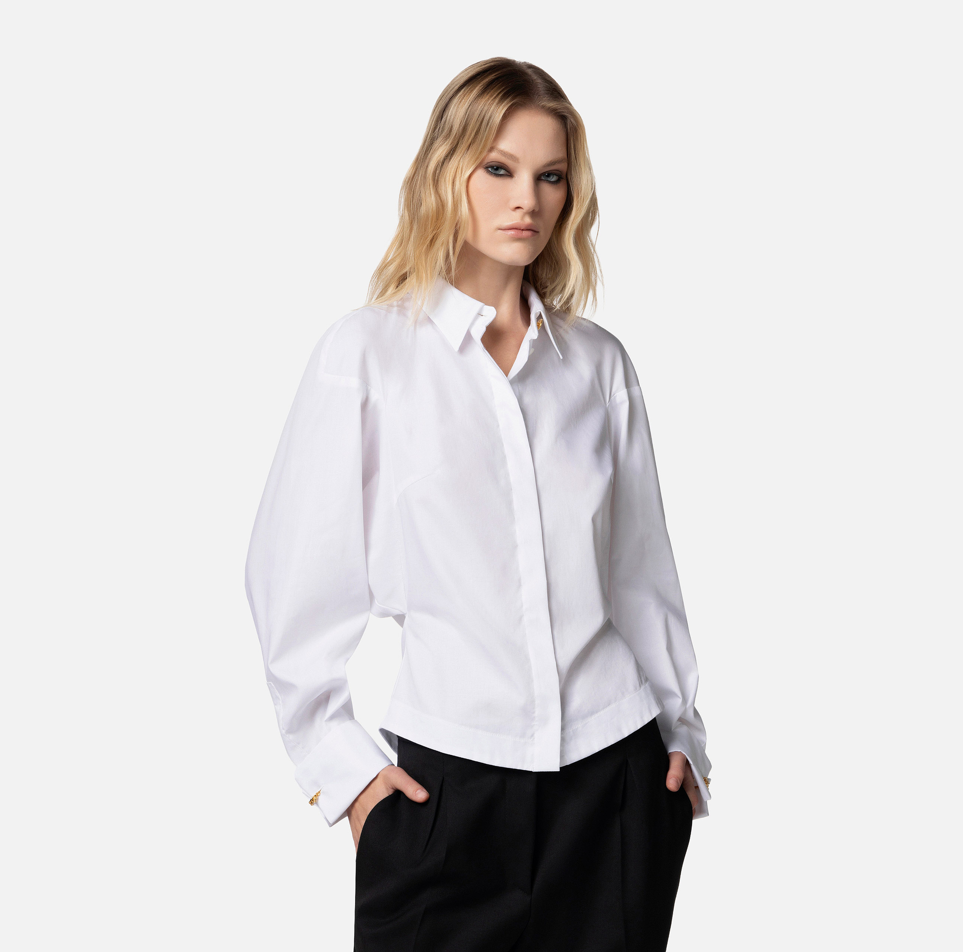 Hemd aus Baumwollpopeline mit Raffung - Elisabetta Franchi® Outlet