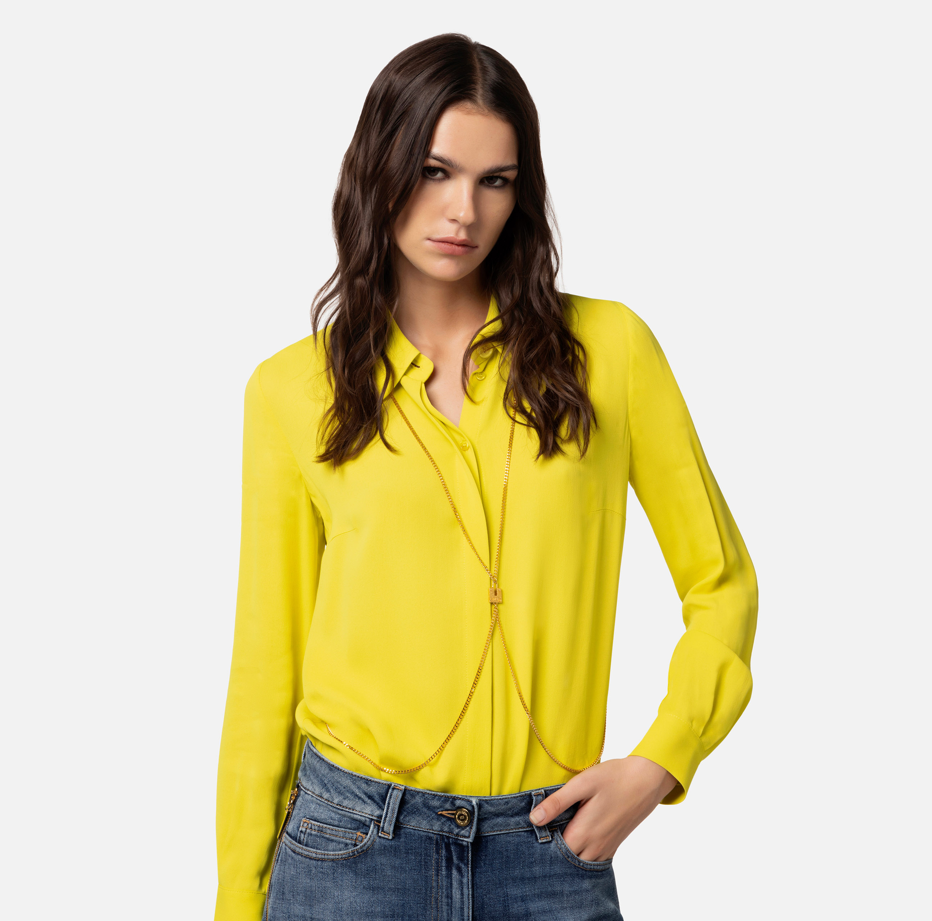 Hemdbluse aus Viskose-Georgette mit Body-Kette - Elisabetta Franchi® Outlet