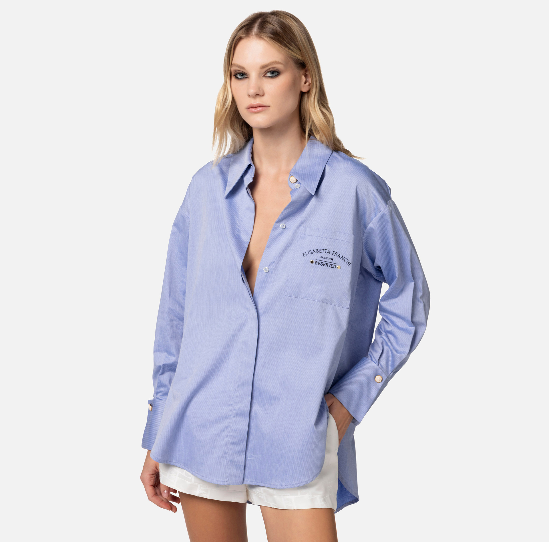 Flared cotton poplin shirt with logo embroidery - Elisabetta Franchi® Outlet