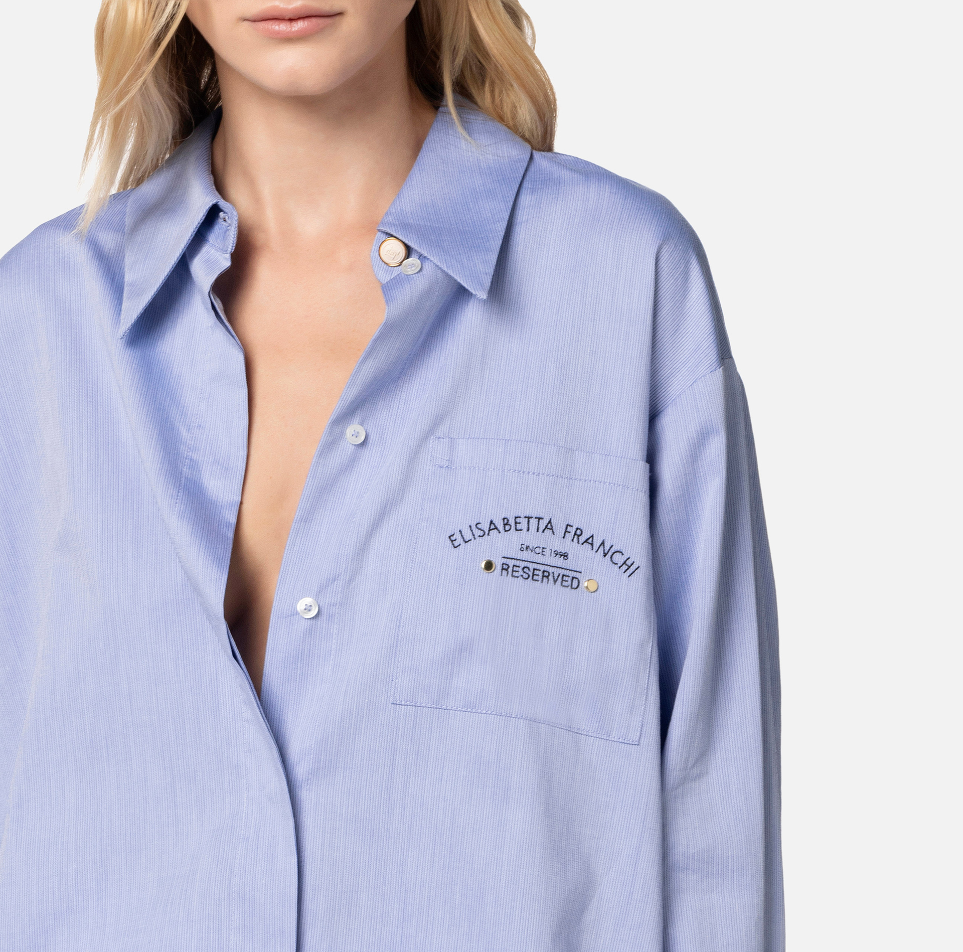 Flared cotton poplin shirt with logo embroidery - Elisabetta Franchi® Outlet