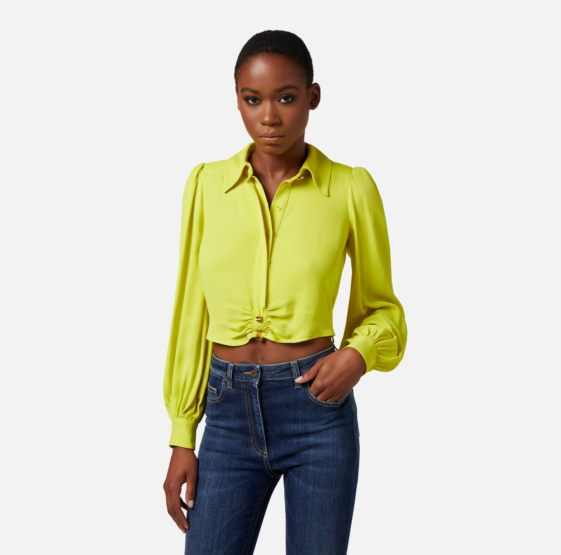 Camicia cropped in georgette di viscosa con arriccio - Elisabetta Franchi® Outlet
