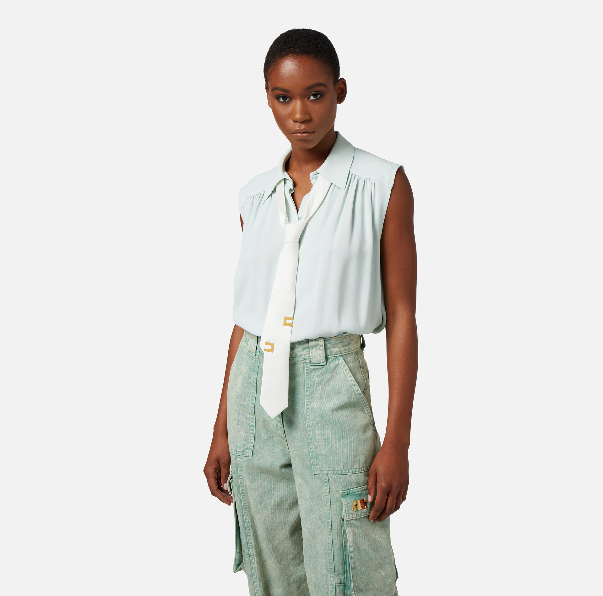 Flared blouse in viscose georgette fabric with lettering tie | Elisabetta Franchi® Outlet