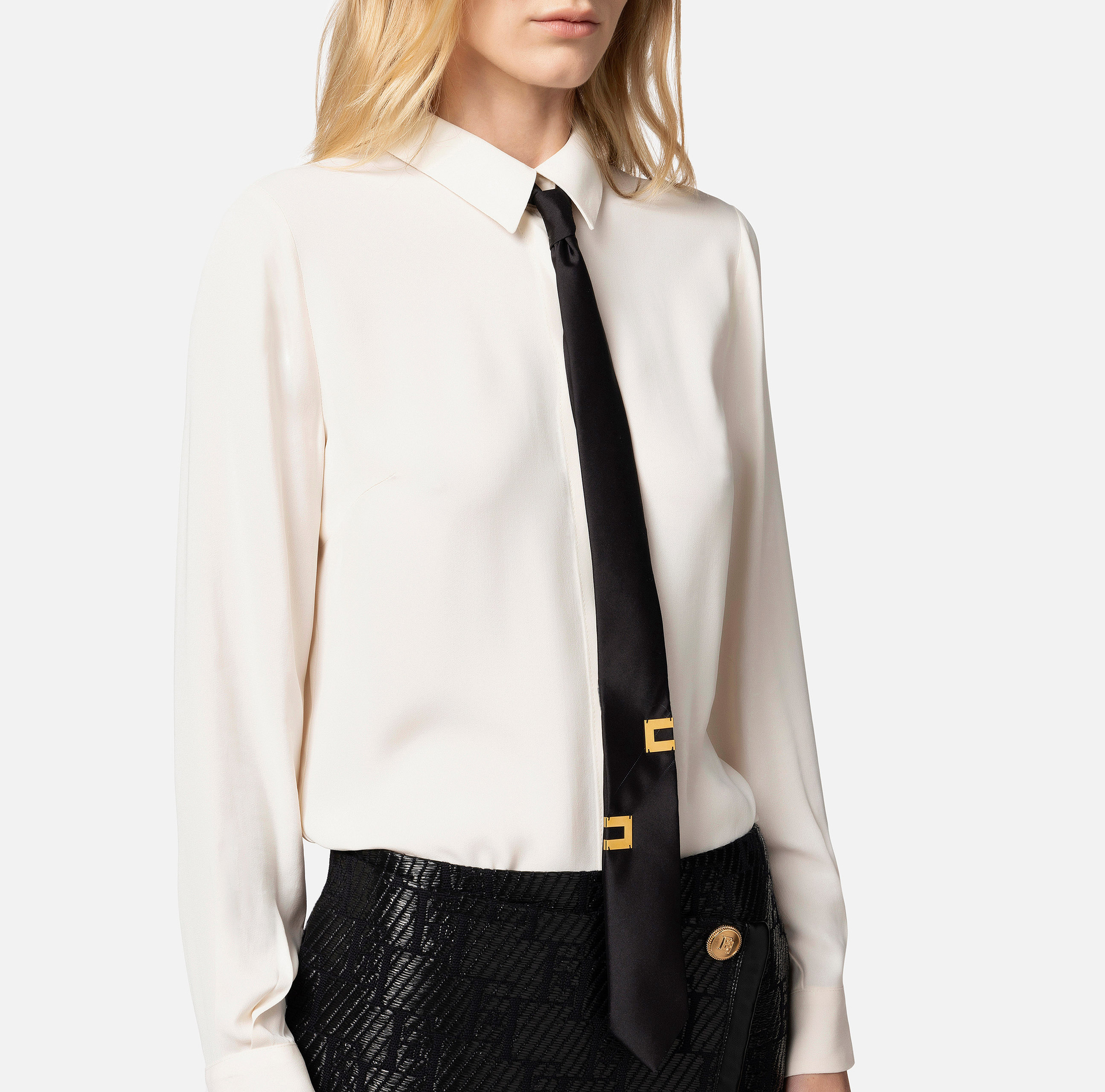 Straight blouse in viscose georgette fabric with lettering tie - Elisabetta Franchi® Outlet
