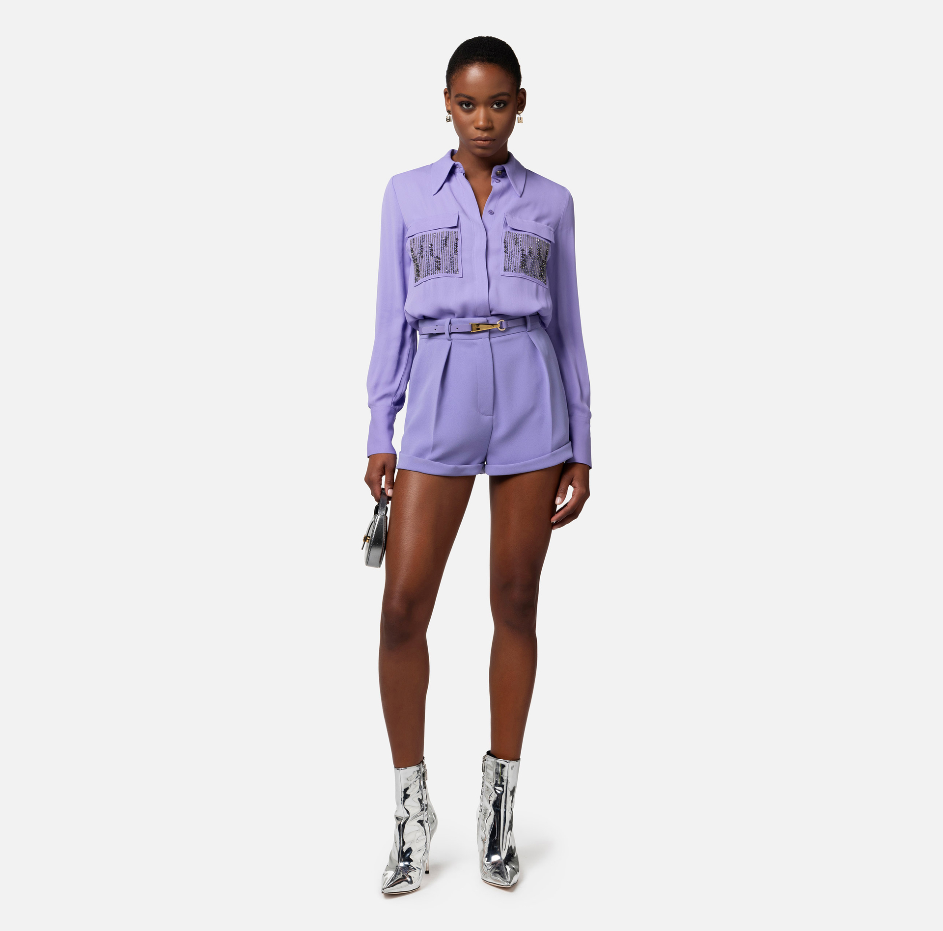 Blouse in viscose georgette fabric with embroidered pockets - Elisabetta Franchi® Outlet