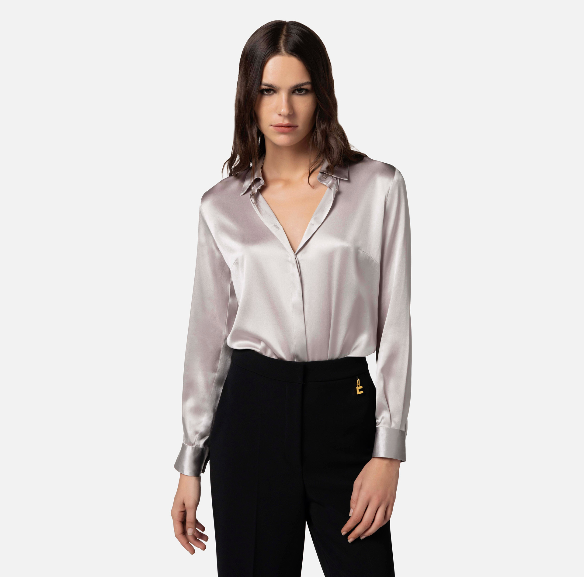 Camisa recta de raso de seda | Elisabetta Franchi® Outlet