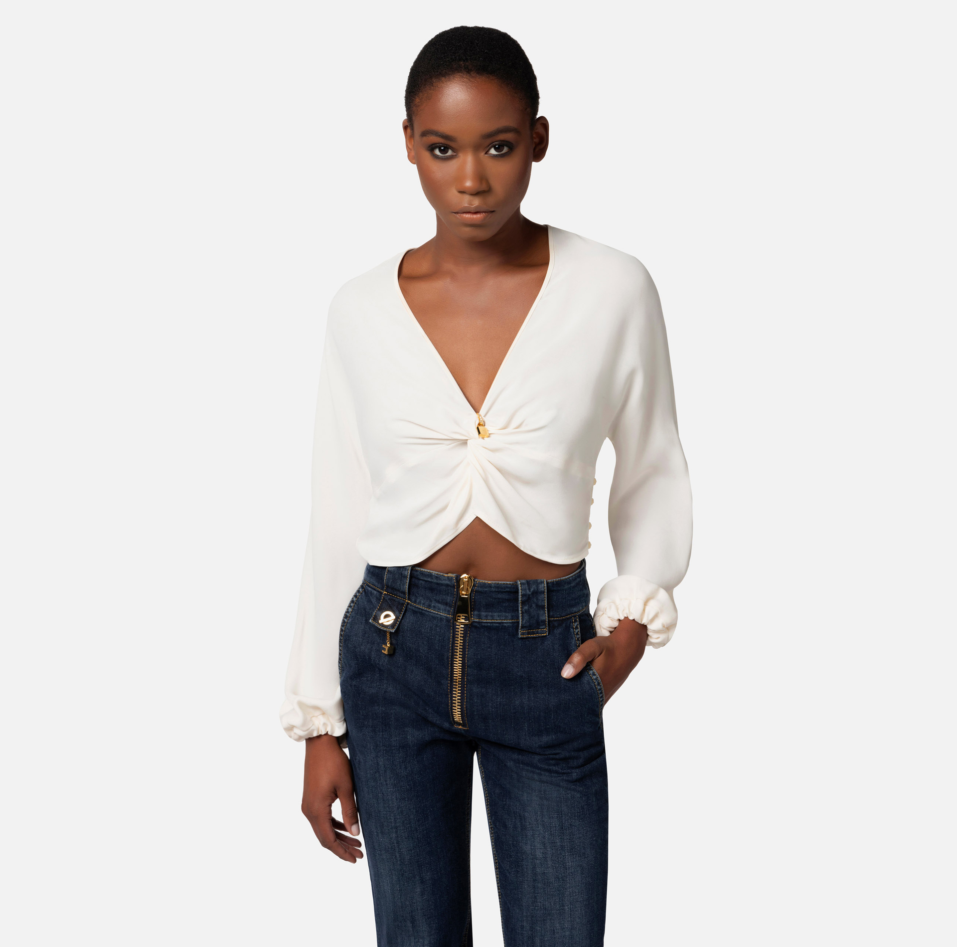 Cropped blouse in viscose georgette fabric with knot - Elisabetta Franchi® Outlet