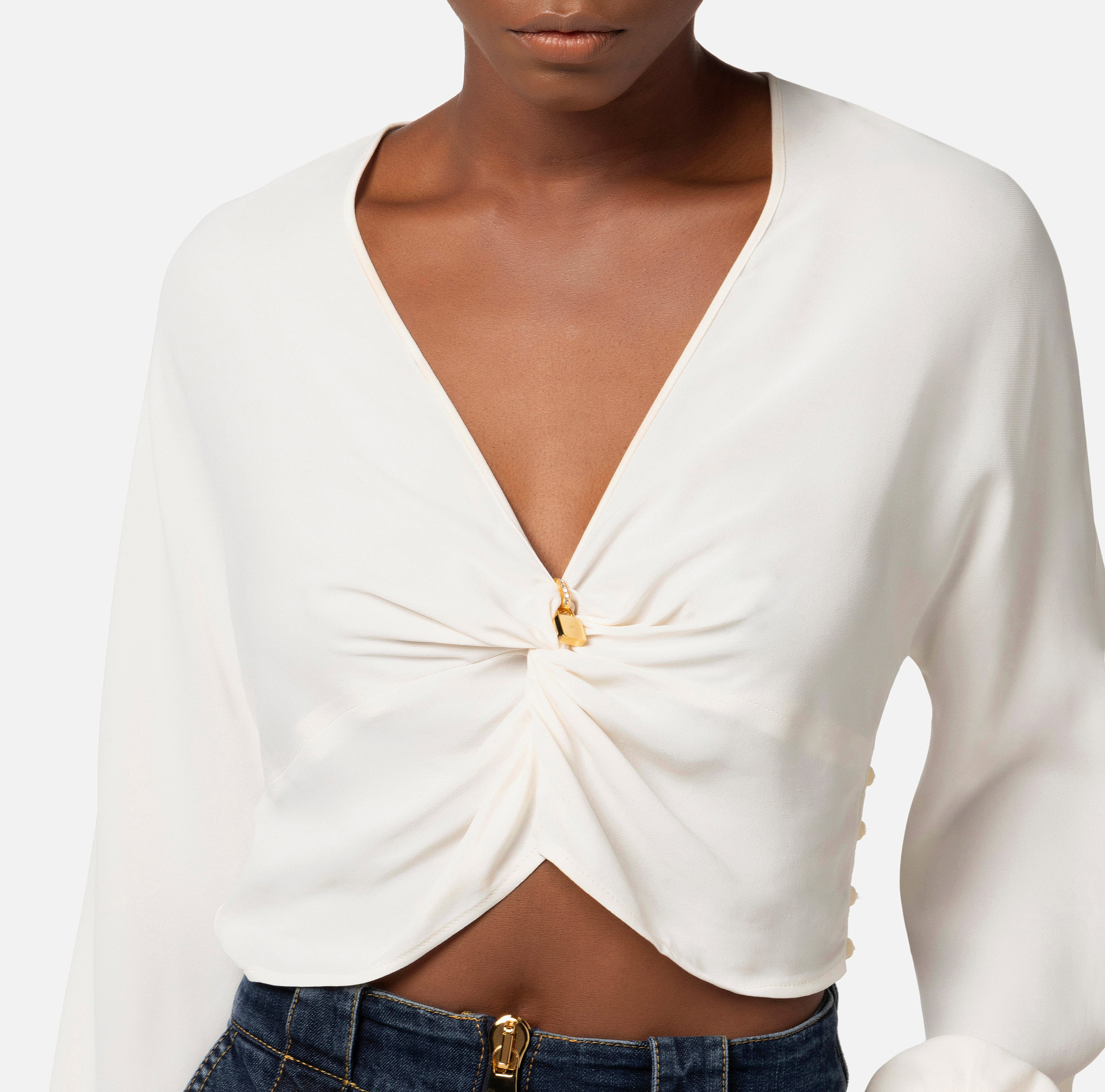 Cropped blouse in viscose georgette fabric with knot - Elisabetta Franchi® Outlet