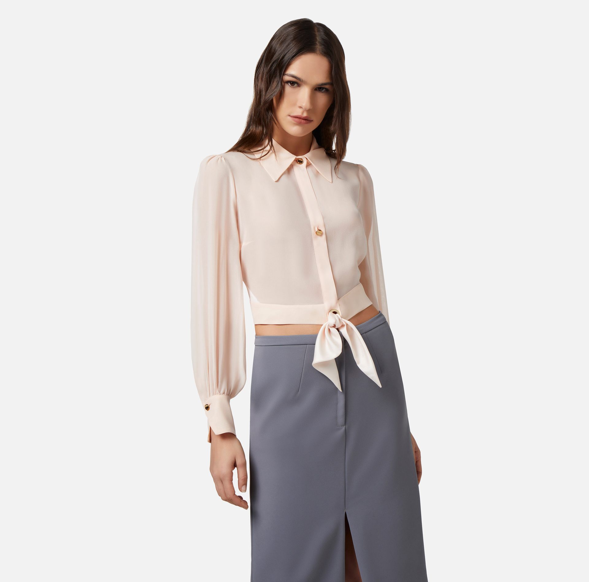 Cropped blouse in silk georgette fabric with knot - Elisabetta Franchi® Outlet