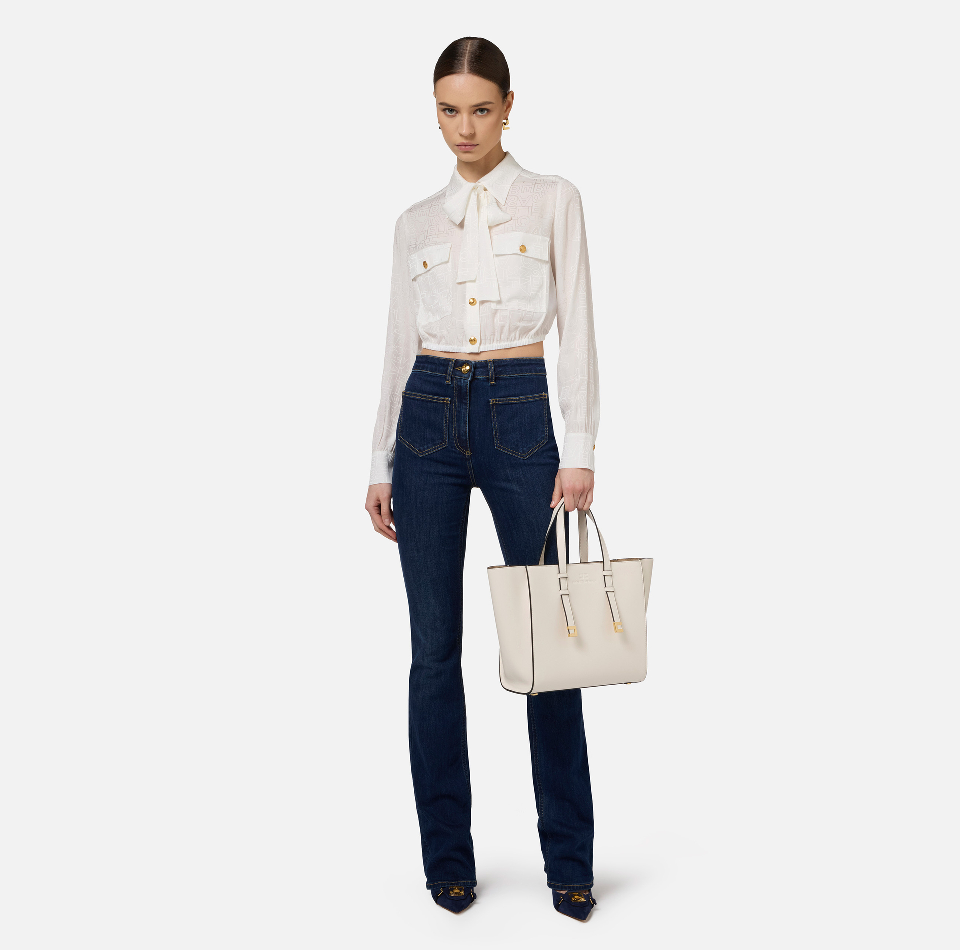 Cropped-Hemdbluse aus Jacquard-Satin mit Tuch | Elisabetta Franchi® Outlet