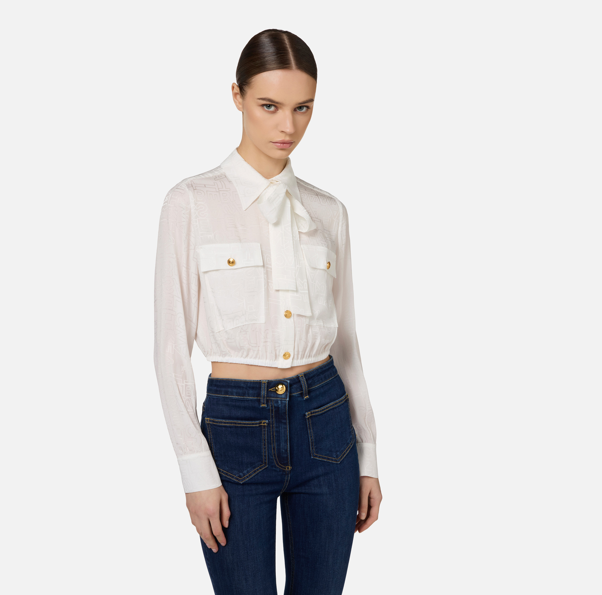 Cropped blouse in jacquard satin fabric with foulard scarf | Elisabetta Franchi® Outlet
