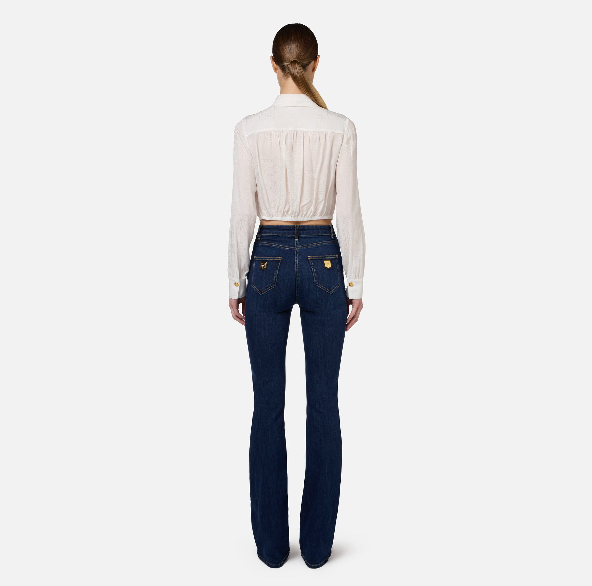 Cropped blouse in jacquard satin fabric with foulard scarf | Elisabetta Franchi® Outlet