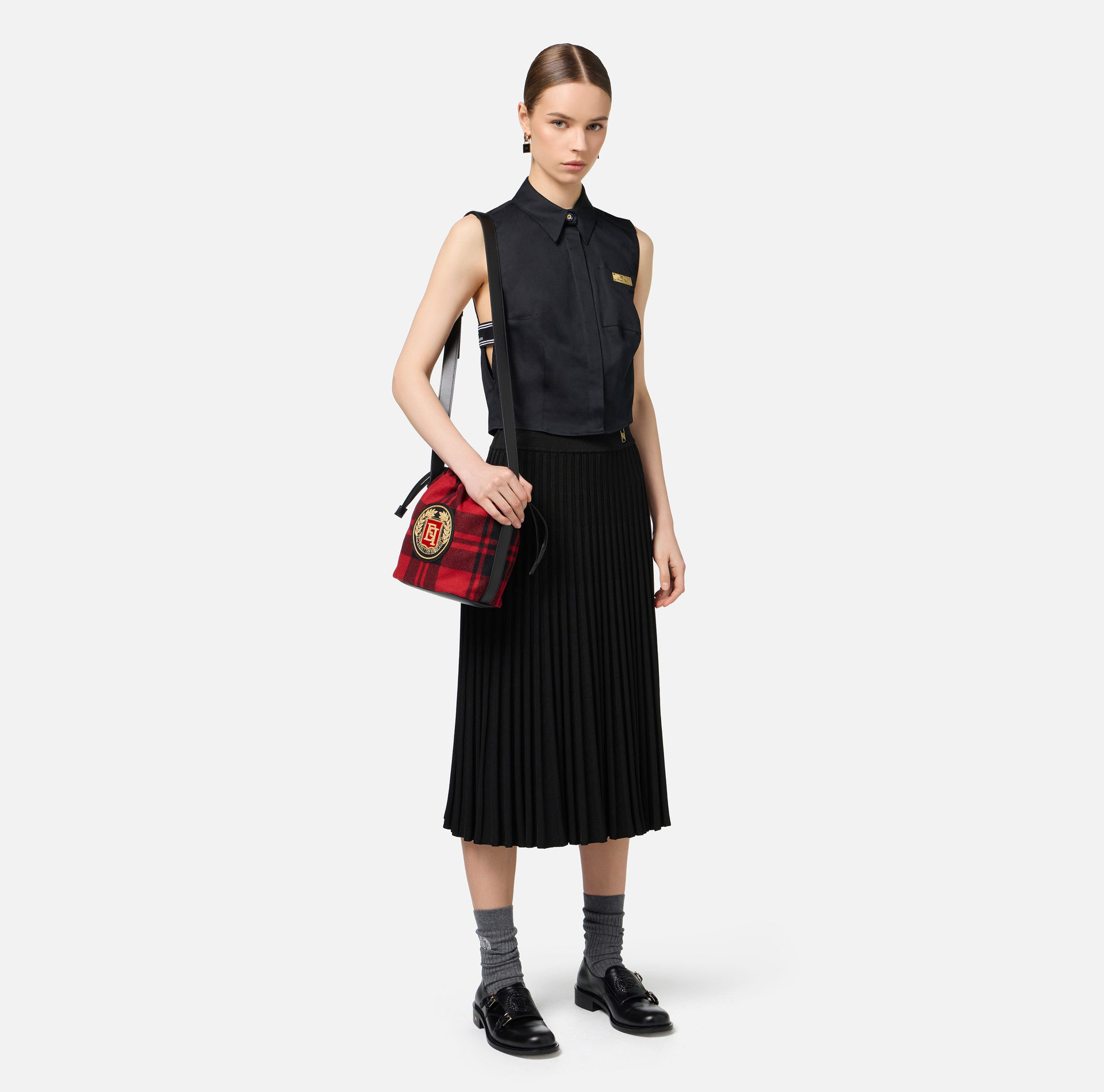 Sleeveless poplin shirt with logoed elastic features | Elisabetta Franchi® Outlet